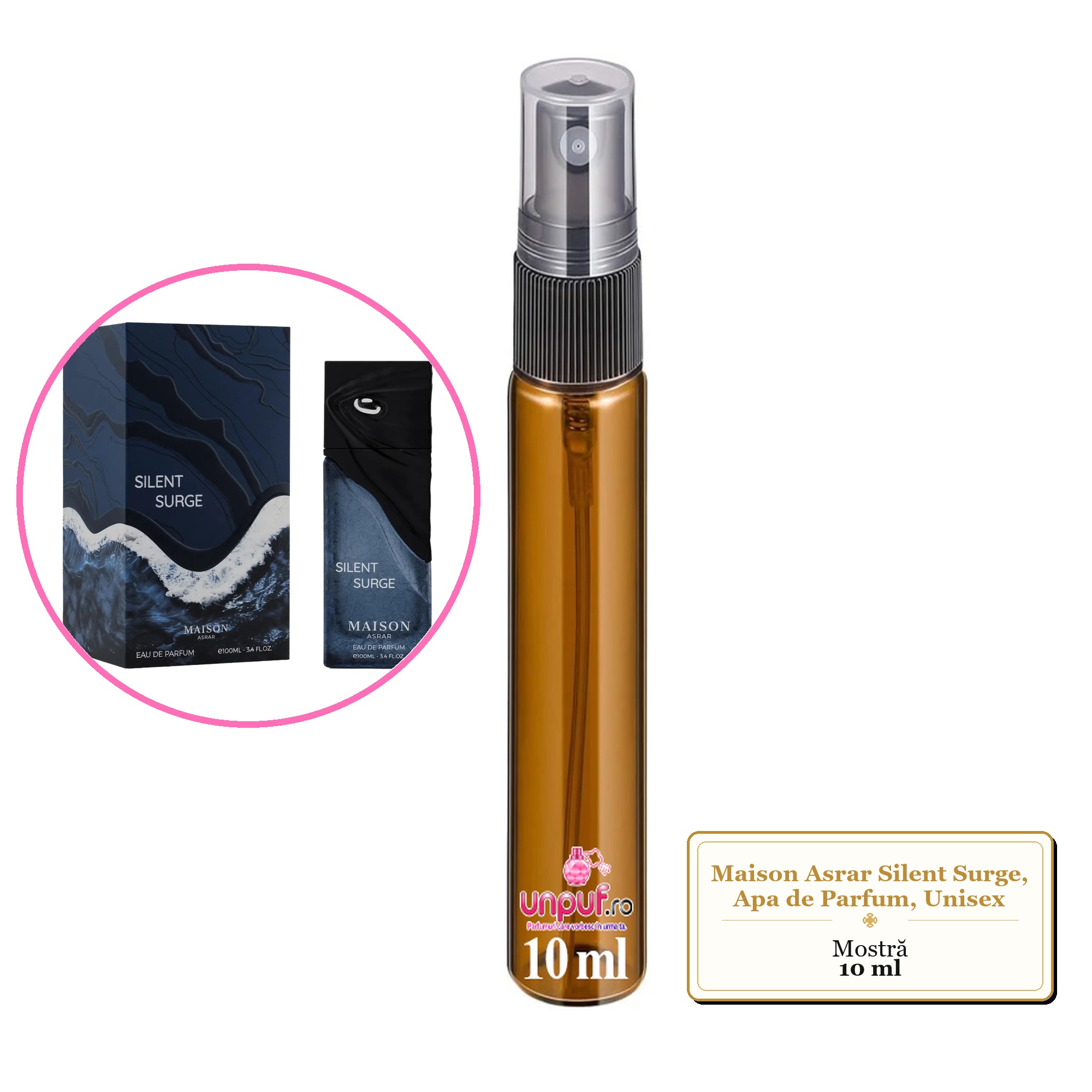 Mostra fiola din Parfumul Maison Asrar Silent Surge, Apa de Parfum, Unisex, decant sticla cu pulverizator