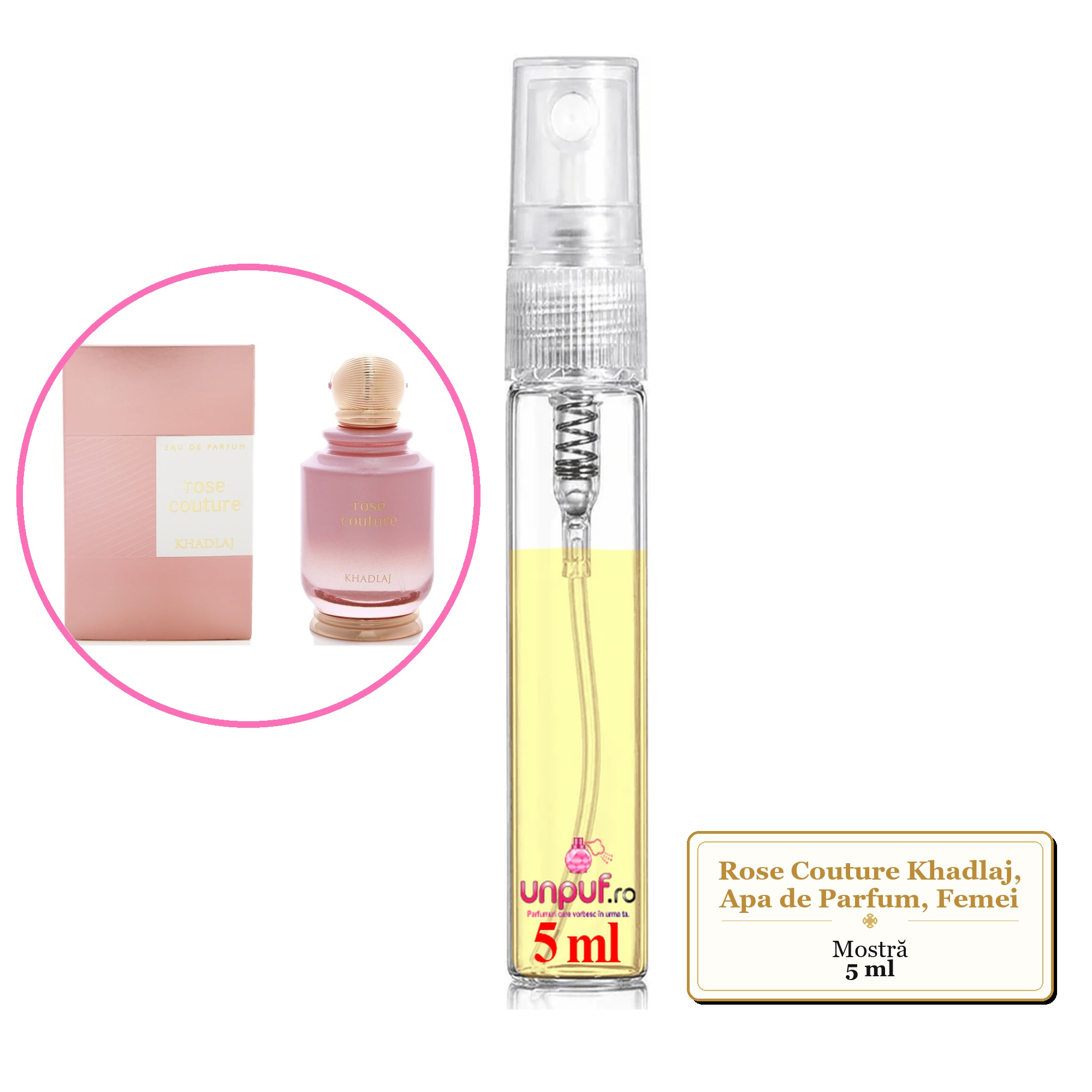 Mostra fiola din Parfumul Rose Couture Khadlaj, Apa de Parfum, Femei, decant sticla cu pulverizator