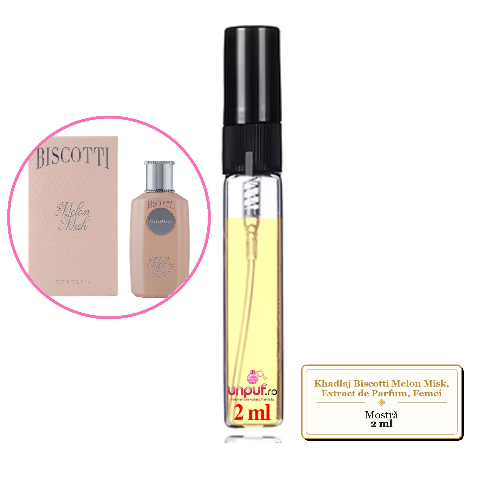 Mostra fiola din Parfumul Khadlaj Biscotti Melon Misk, Extract de Parfum, Femei, decant sticla cu pulverizator