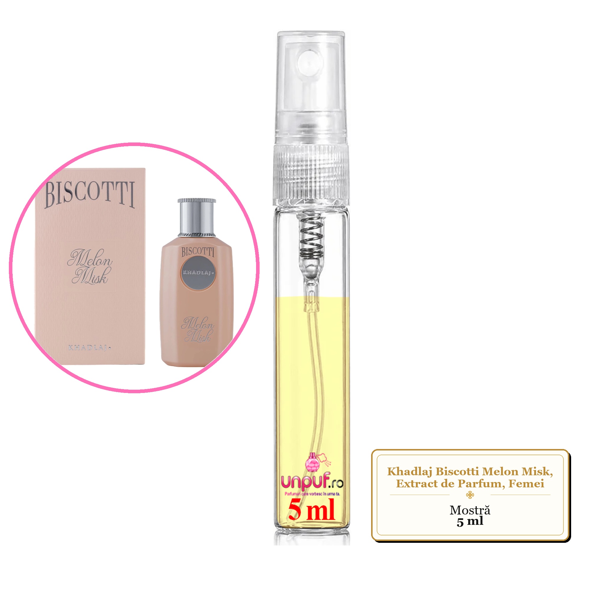 Mostra fiola din Parfumul Khadlaj Biscotti Melon Misk, Extract de Parfum, Femei, decant sticla cu pulverizator