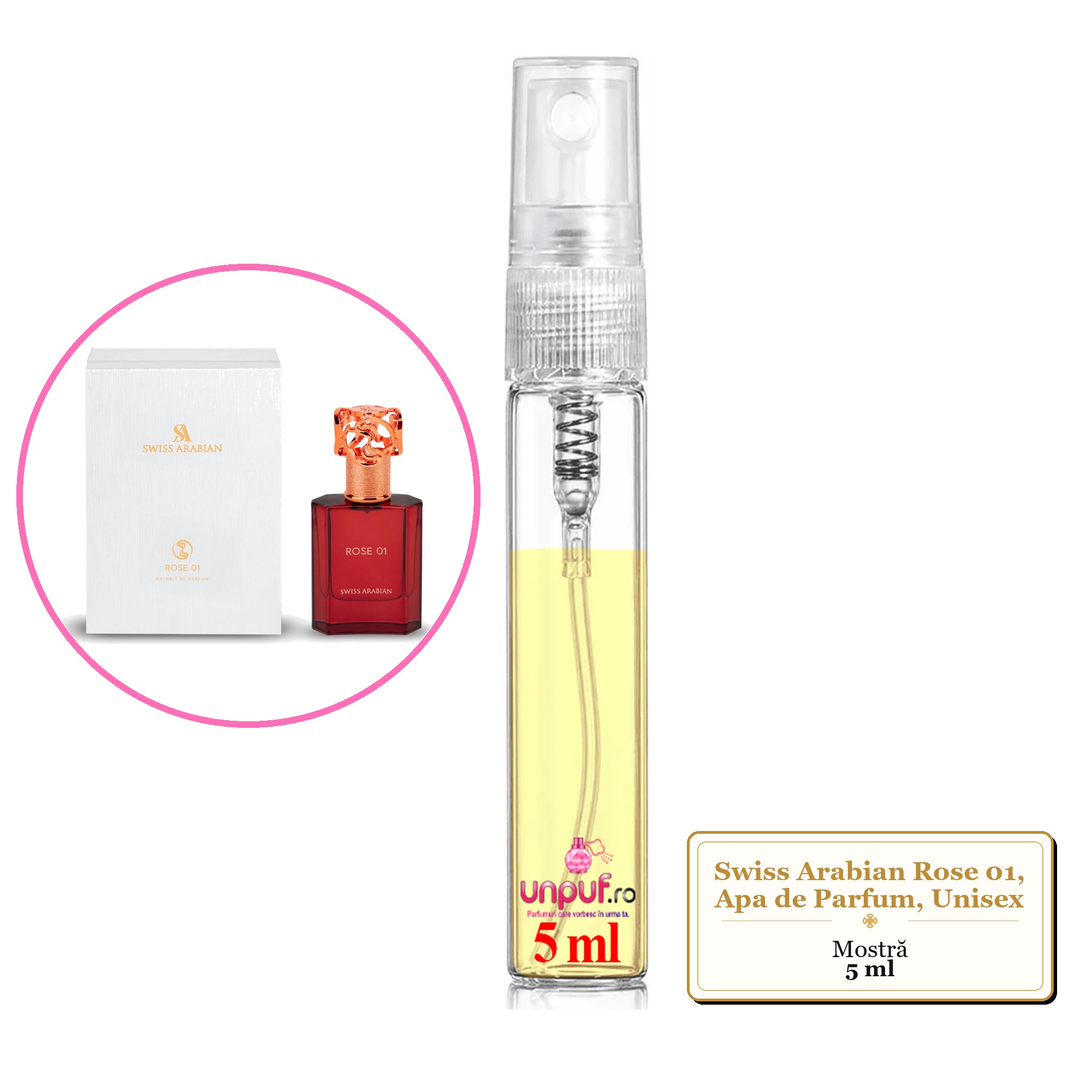 Mostra fiola din Parfumul Swiss Arabian Rose 01, Apa de Parfum, Unisex, decant sticla cu pulverizator
