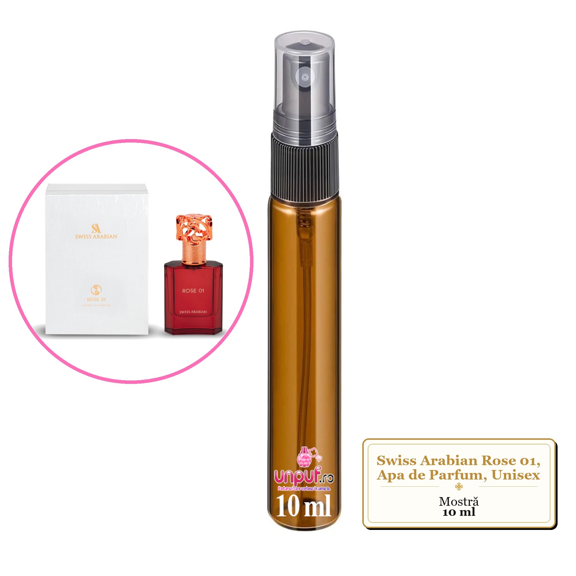 Mostra fiola din Parfumul Swiss Arabian Rose 01, Apa de Parfum, Unisex, decant sticla cu pulverizator