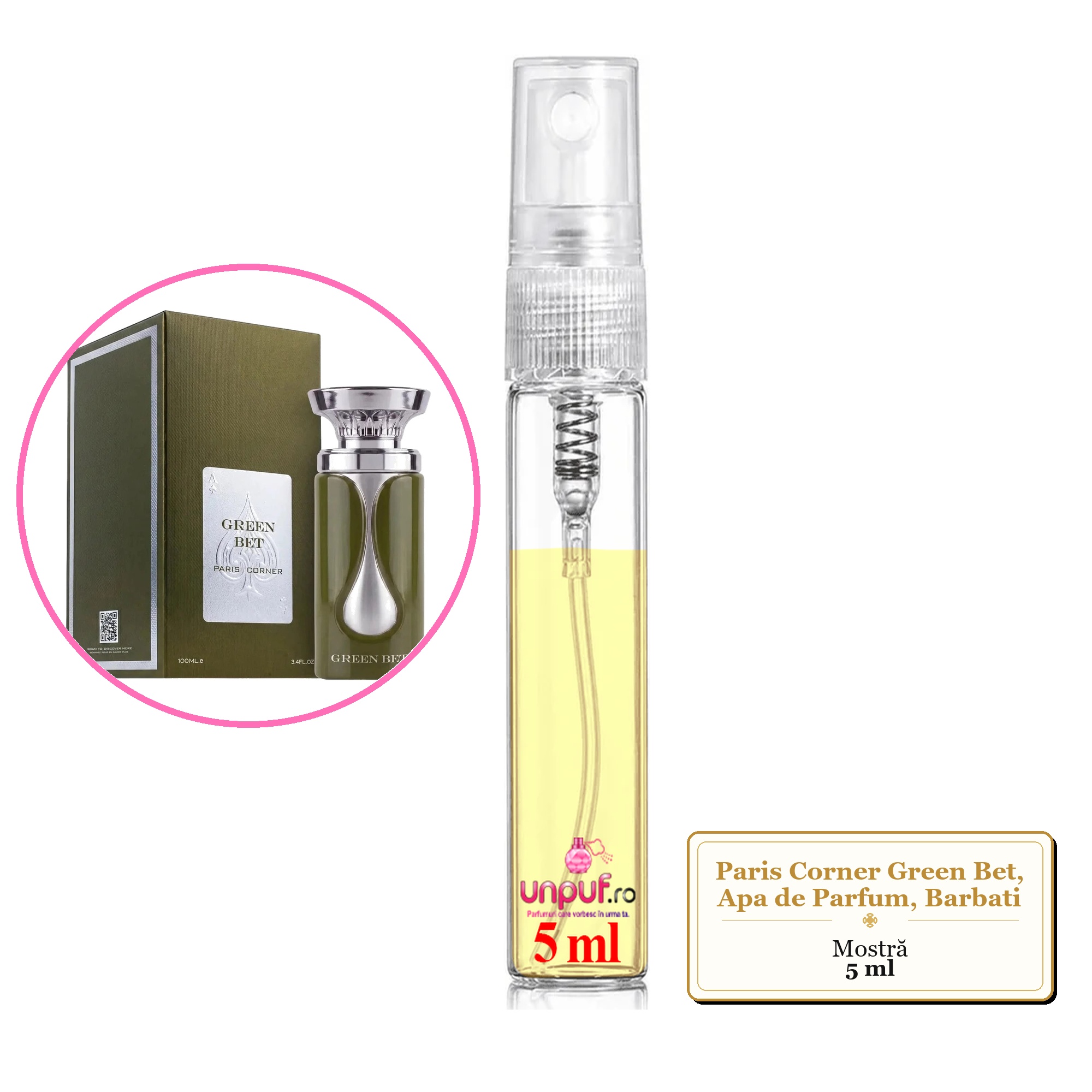 Mostra fiola din Parfumul Paris Corner Green Bet, Apa de Parfum, Barbati, decant sticla cu pulverizator