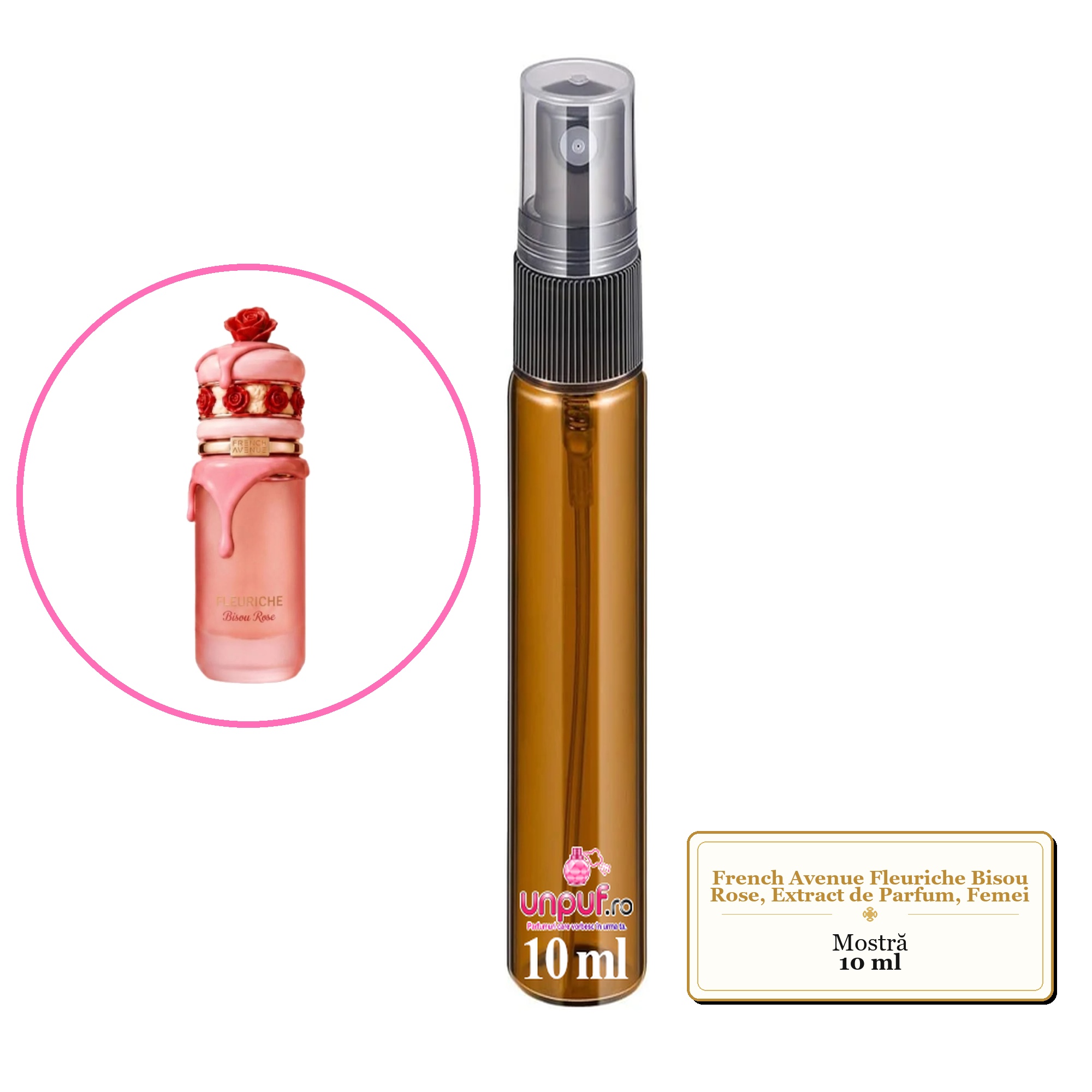 Mostra fiola din Parfumul French Avenue Fleuriche Bisou Rose, Extract de Parfum, Femei, decant sticla cu pulverizator