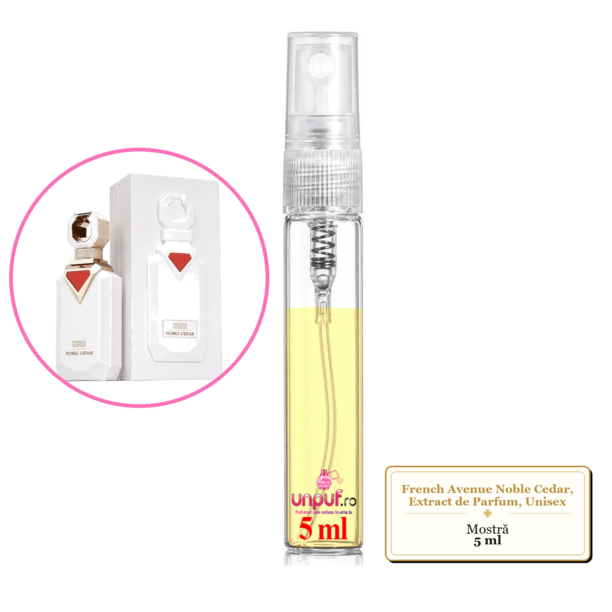 Mostra fiola din Parfumul French Avenue Noble Cedar, Extract de Parfum, Unisex, decant sticla cu pulverizator