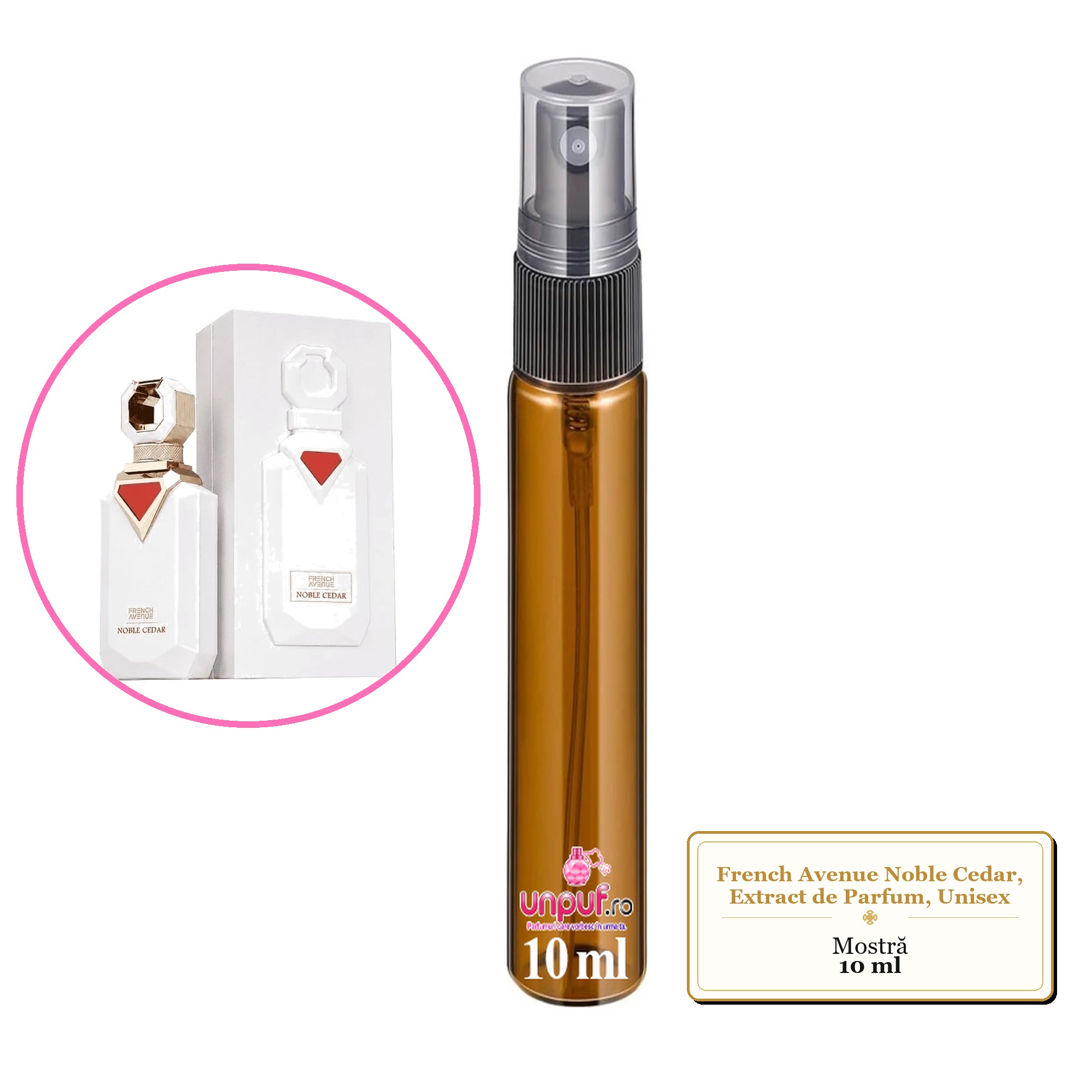 Mostra fiola din Parfumul French Avenue Noble Cedar, Extract de Parfum, Unisex, decant sticla cu pulverizator