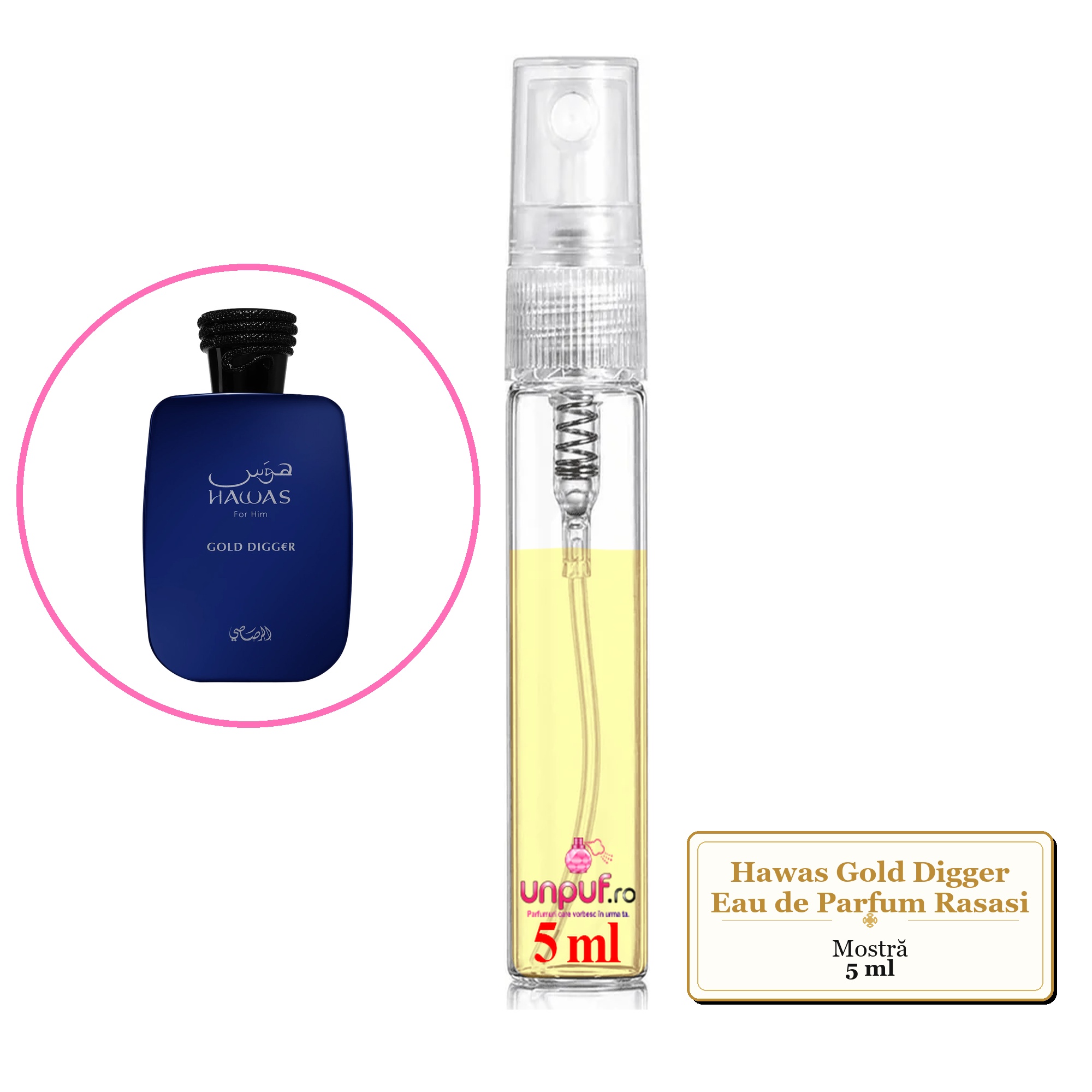 Mostra fiola din Parfumul Hawas Gold Digger Eau de Parfum Rasasi , decant sticla cu pulverizator