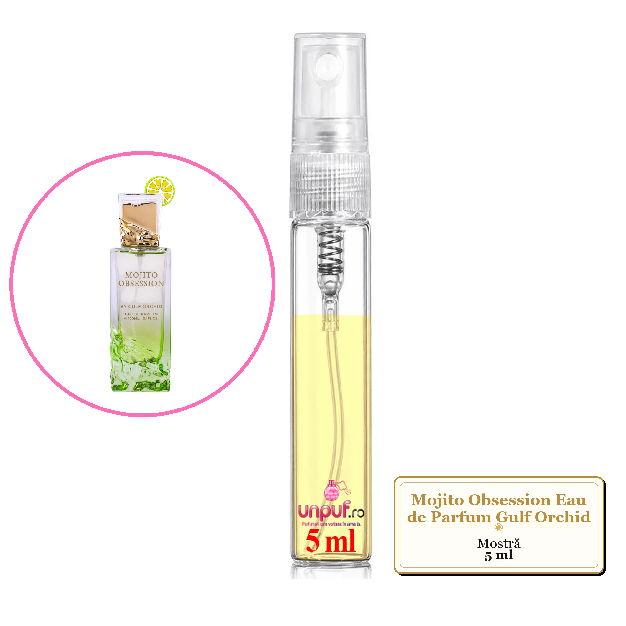 Mostra fiola din Parfumul Mojito Obsession Eau de Parfum Gulf Orchid , decant sticla cu pulverizator