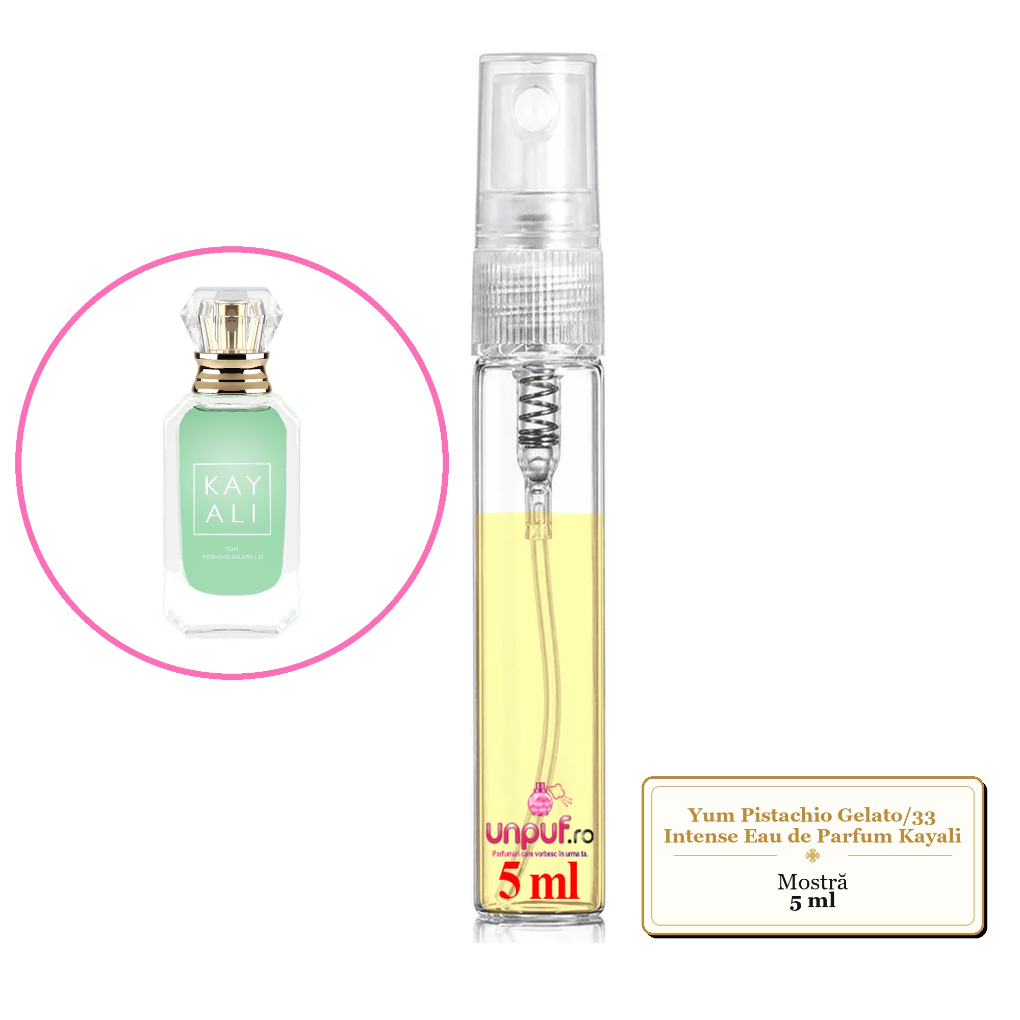 Mostra fiola din Parfumul Yum Pistachio Gelato/33 Intense Eau de Parfum Kayali , decant sticla cu pulverizator