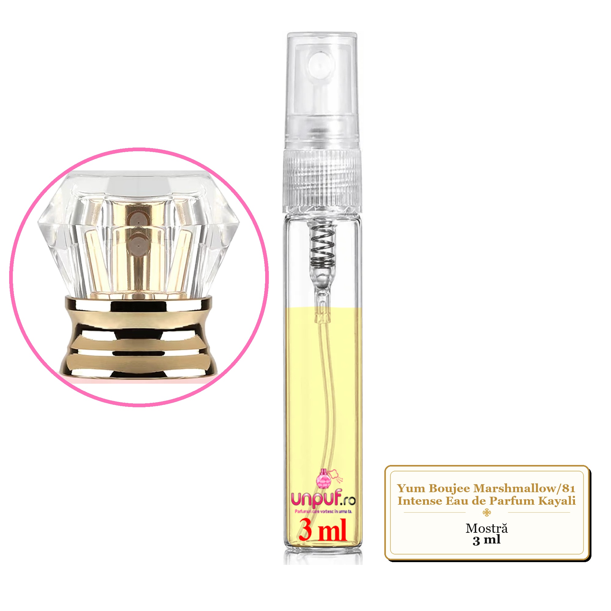 Mostra fiola din Parfumul Yum Boujee Marshmallow/81 Intense Eau de Parfum Kayali , decant sticla cu pulverizator