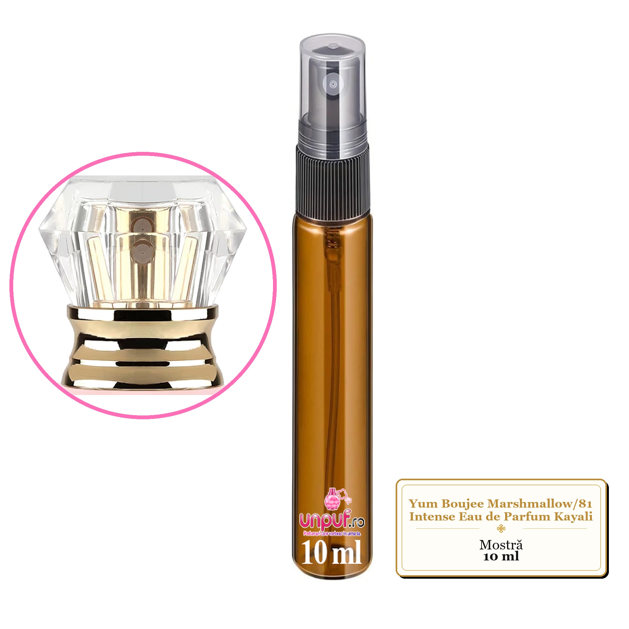 Mostra fiola din Parfumul Yum Boujee Marshmallow/81 Intense Eau de Parfum Kayali , decant sticla cu pulverizator