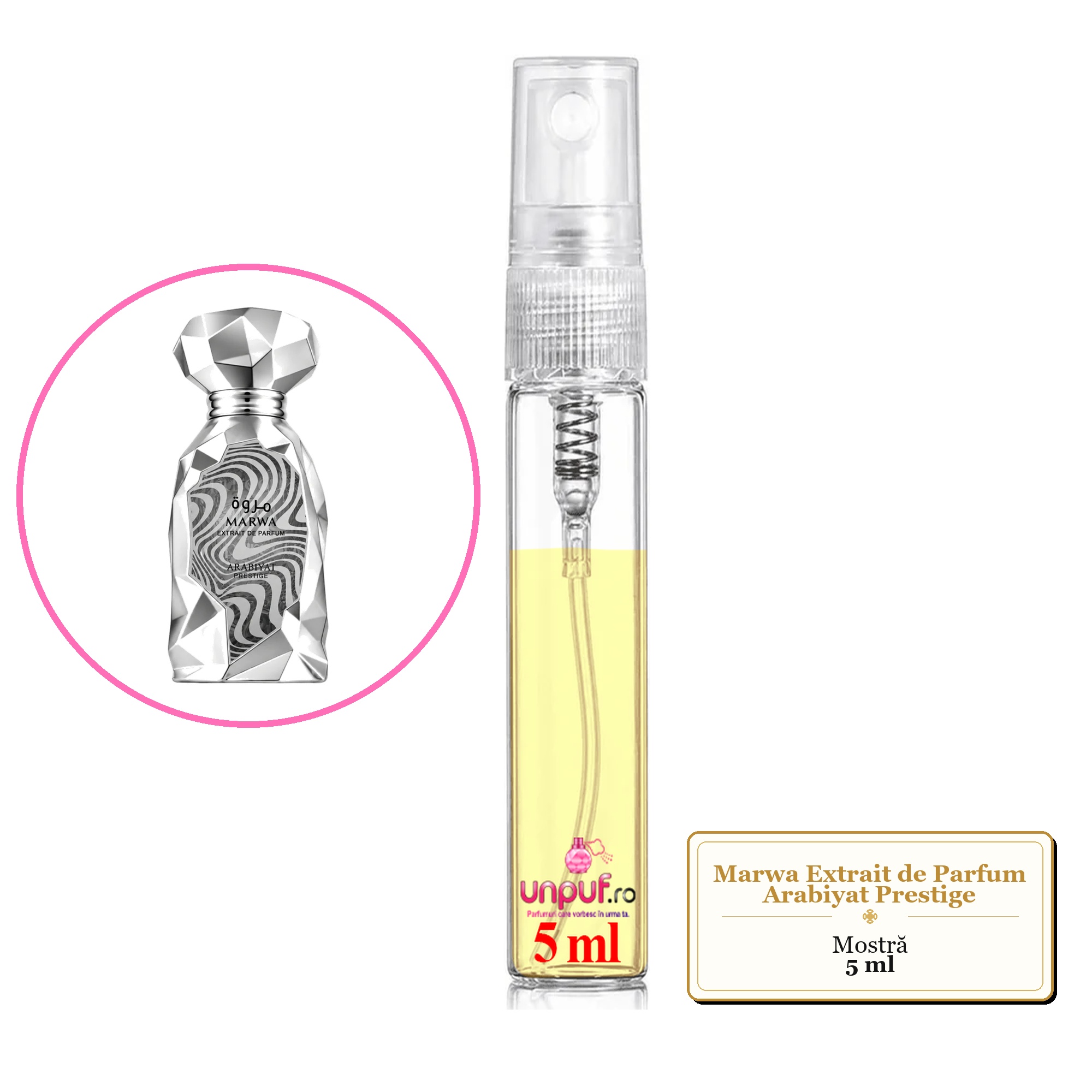 Mostra fiola din Parfumul Marwa Extrait de Parfum Arabiyat Prestige, decant sticla cu pulverizator
