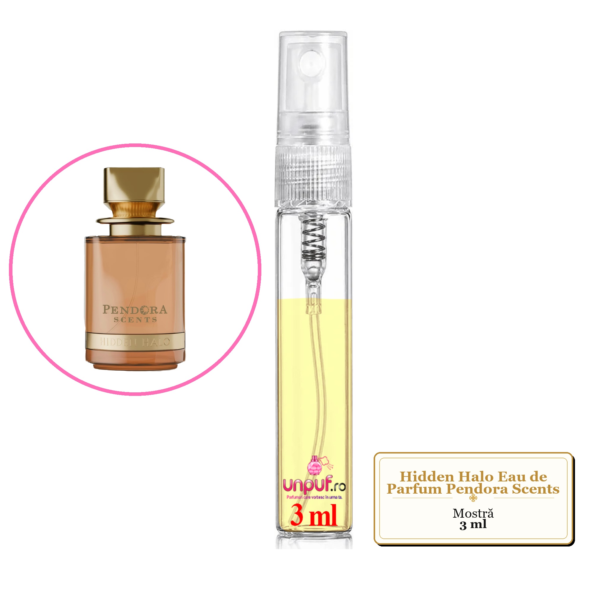 Mostra fiola din Parfumul Hidden Halo Eau de Parfum Pendora Scents , decant sticla cu pulverizator