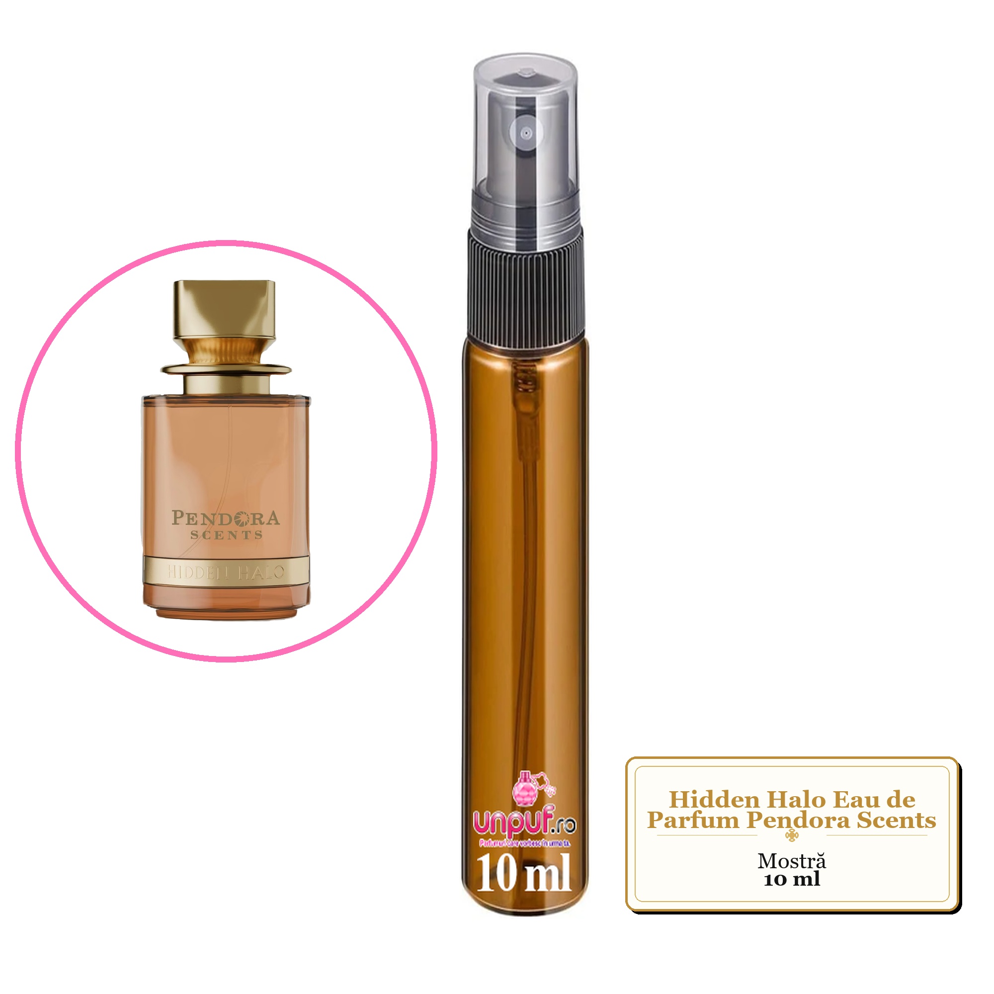 Mostra fiola din Parfumul Hidden Halo Eau de Parfum Pendora Scents , decant sticla cu pulverizator