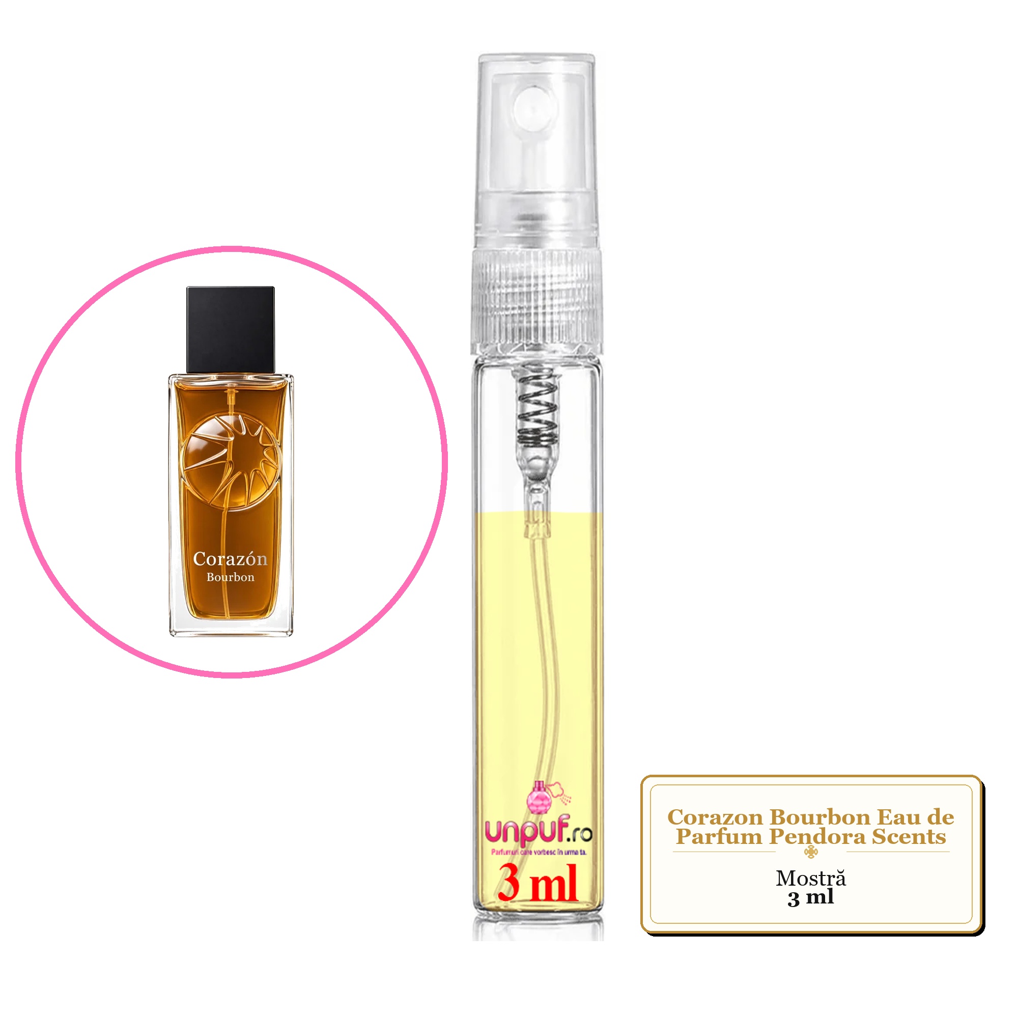 Mostra fiola din Parfumul Corazon Bourbon Eau de Parfum Pendora Scents , decant sticla cu pulverizator