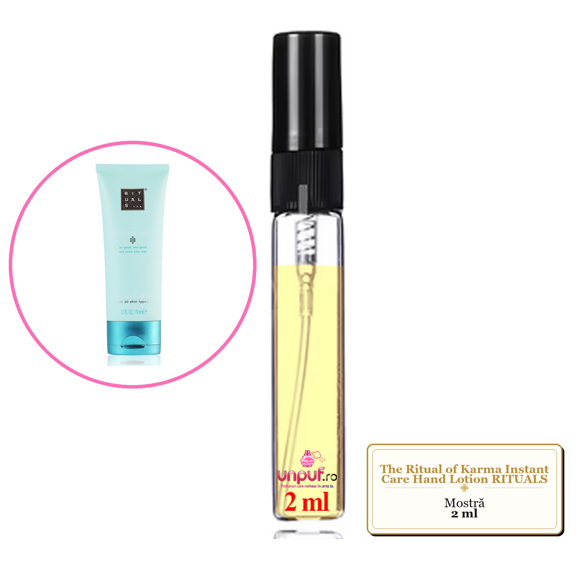 Mostra fiola din Parfumul The Ritual of Karma Instant Care Hand Lotion RITUALS, decant sticla cu pulverizator