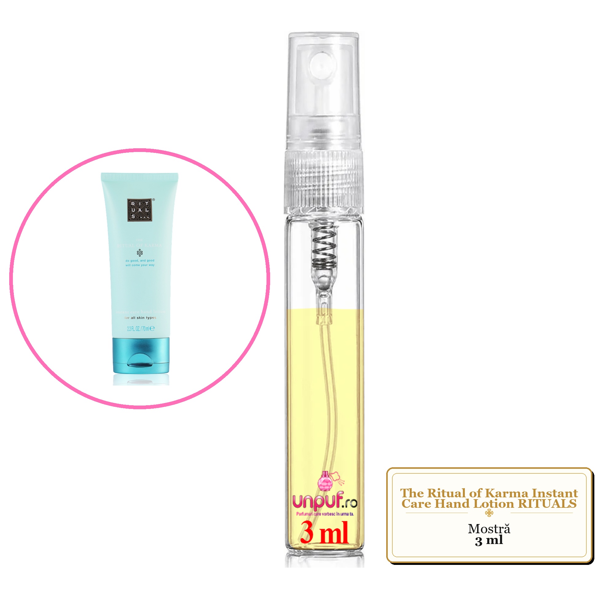 Mostra fiola din Parfumul The Ritual of Karma Instant Care Hand Lotion RITUALS, decant sticla cu pulverizator