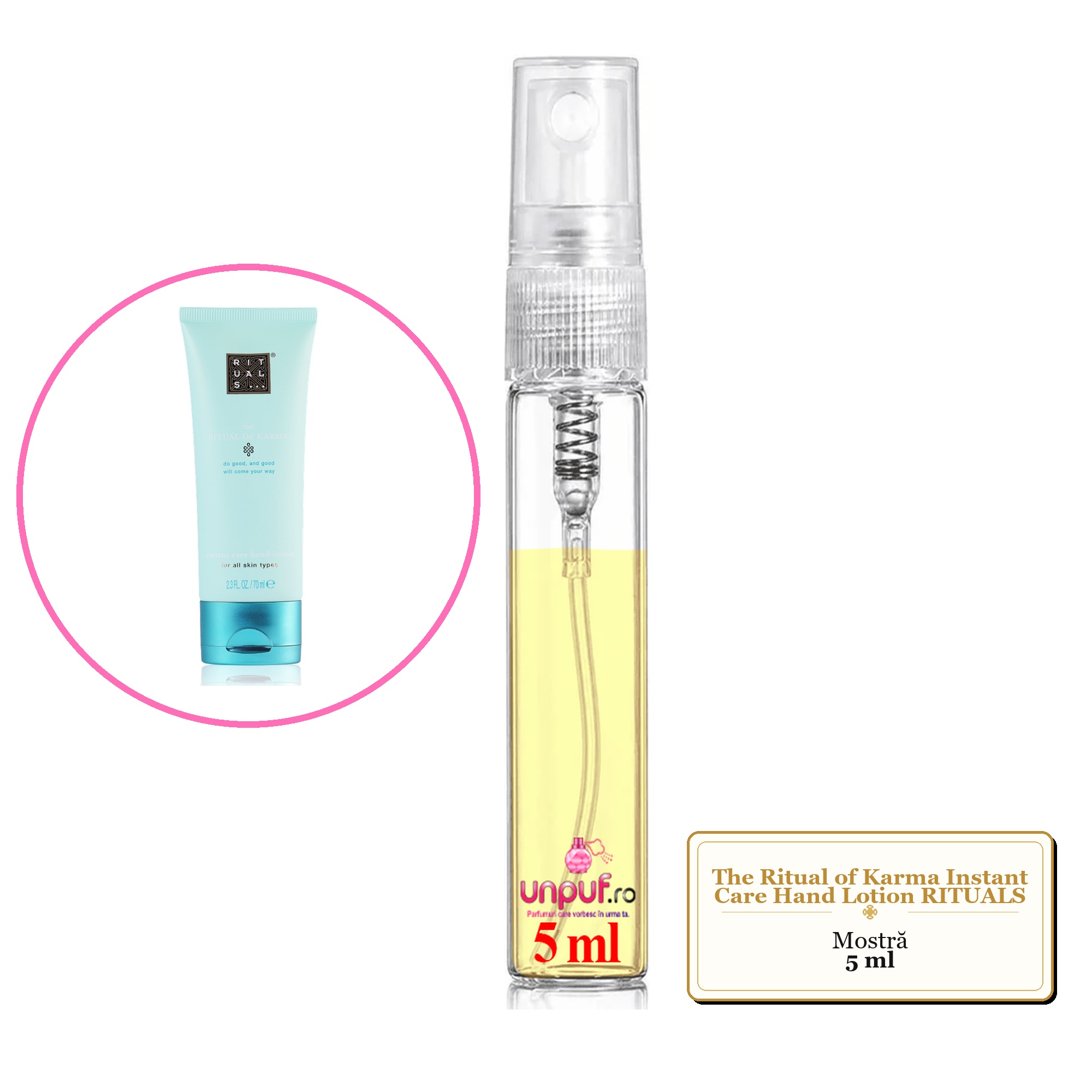 Mostra fiola din Parfumul The Ritual of Karma Instant Care Hand Lotion RITUALS, decant sticla cu pulverizator