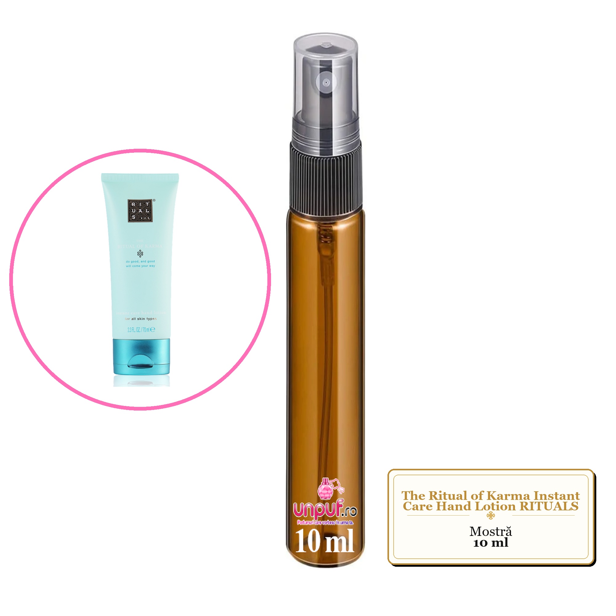 Mostra fiola din Parfumul The Ritual of Karma Instant Care Hand Lotion RITUALS, decant sticla cu pulverizator