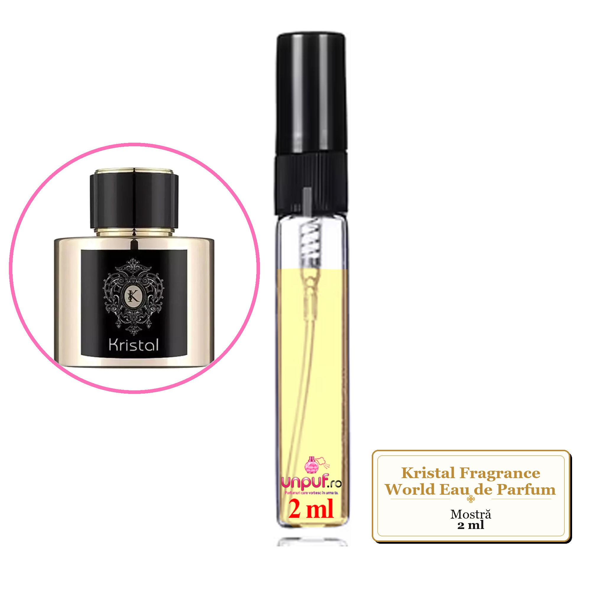 Mostra fiola din Parfumul Kristal Fragrance World Eau de Parfum, decant sticla cu pulverizator