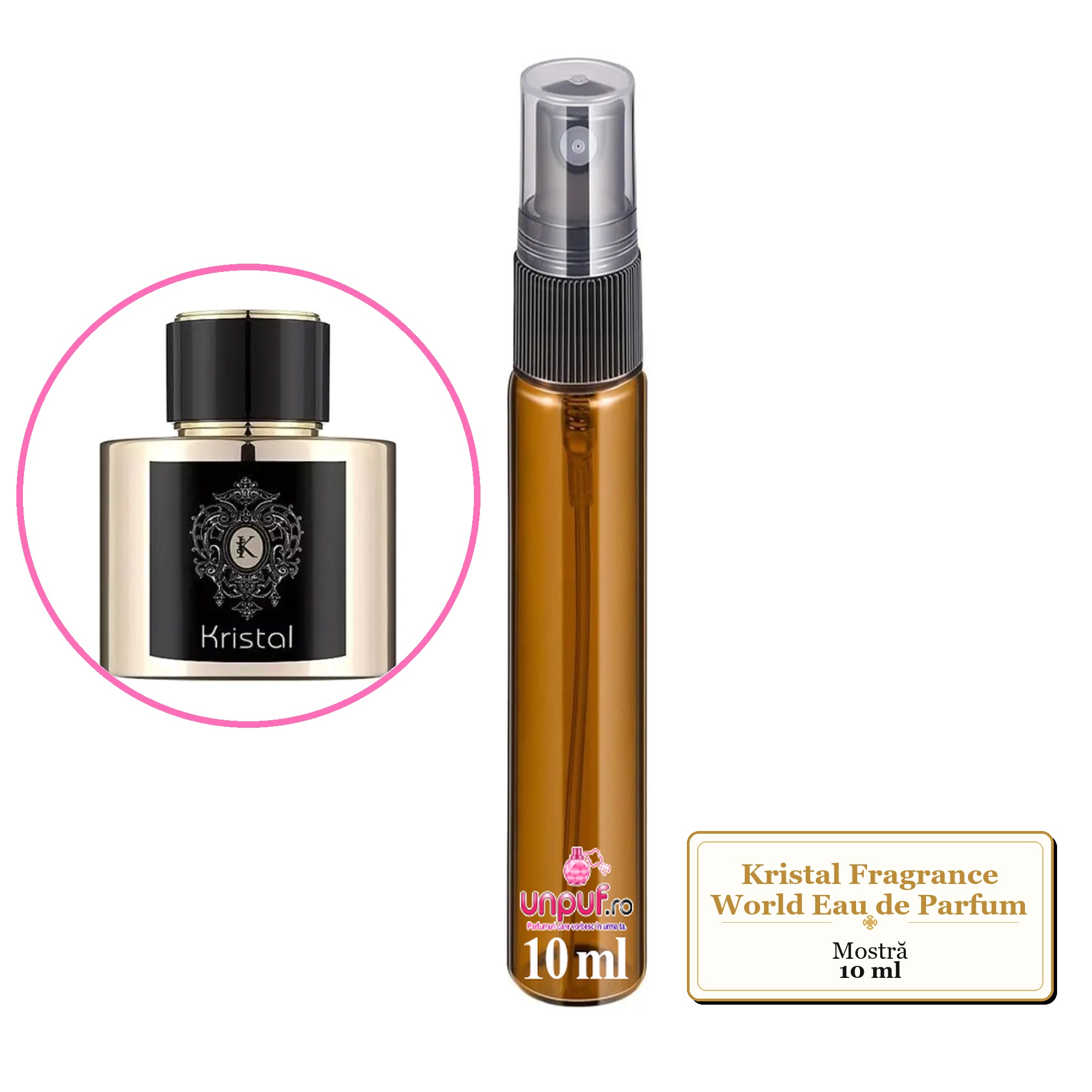 Mostra fiola din Parfumul Kristal Fragrance World Eau de Parfum, decant sticla cu pulverizator