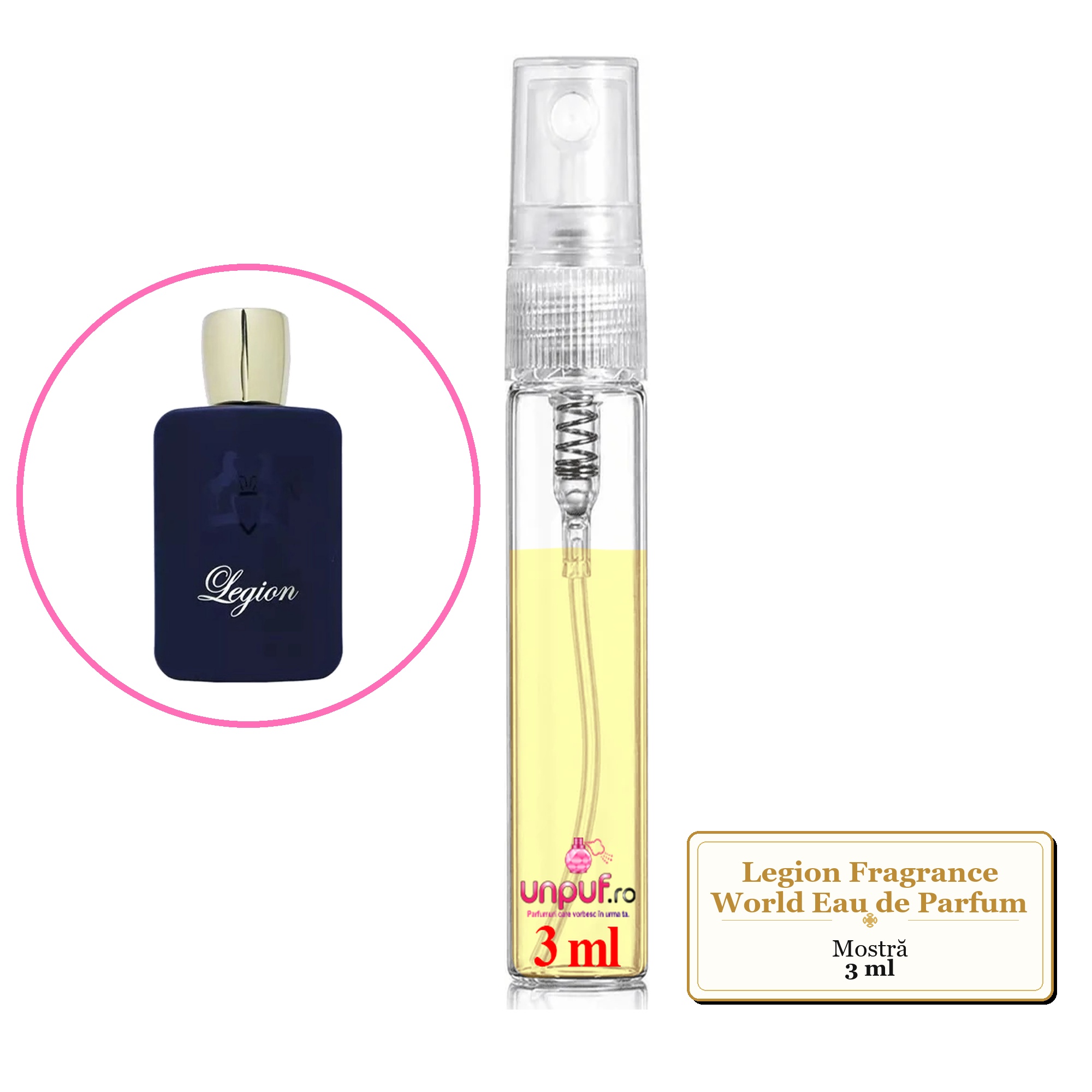 Mostra fiola din Parfumul Legion Fragrance World Eau de Parfum, decant sticla cu pulverizator