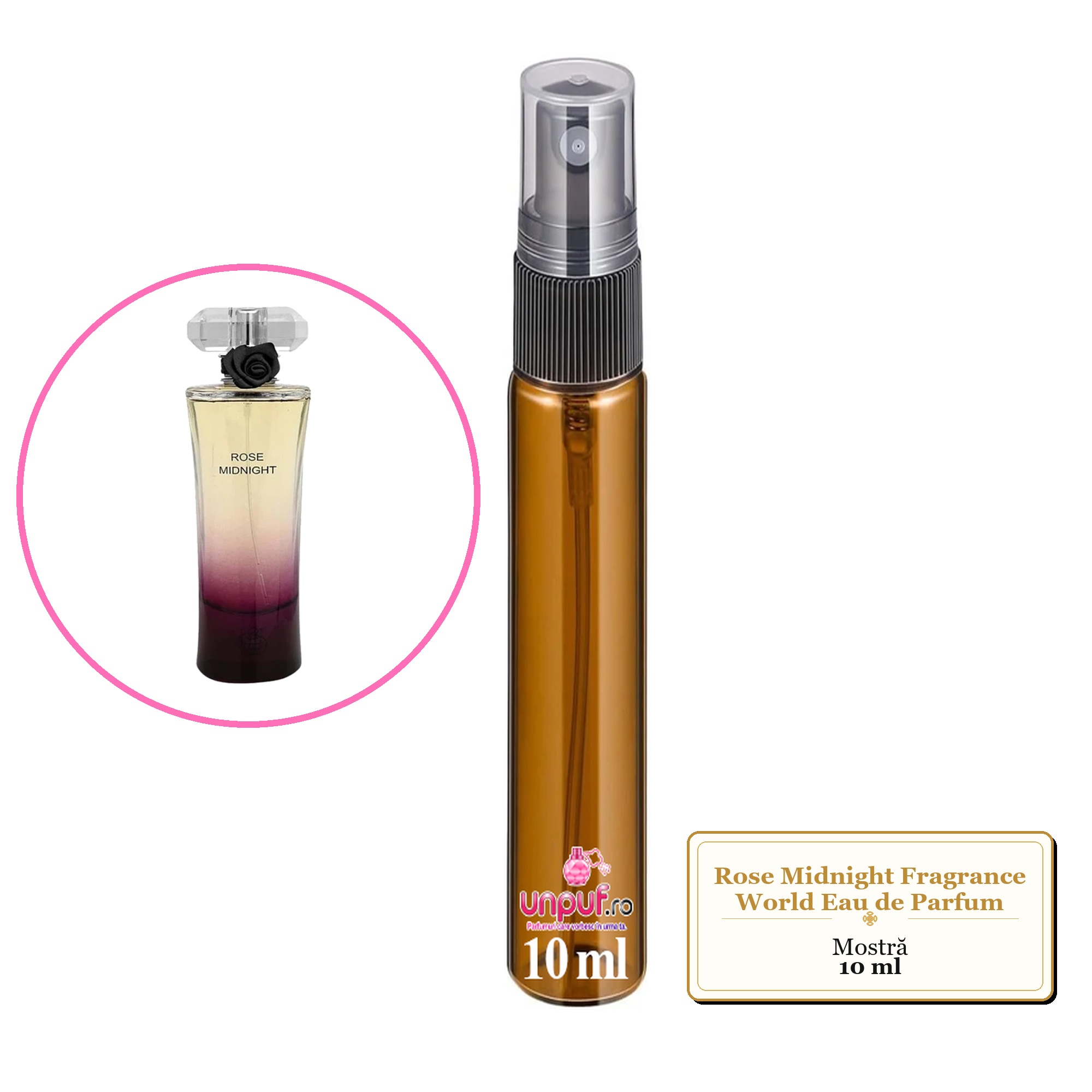 Mostra fiola din Parfumul Rose Midnight Fragrance World Eau de Parfum, decant sticla cu pulverizator