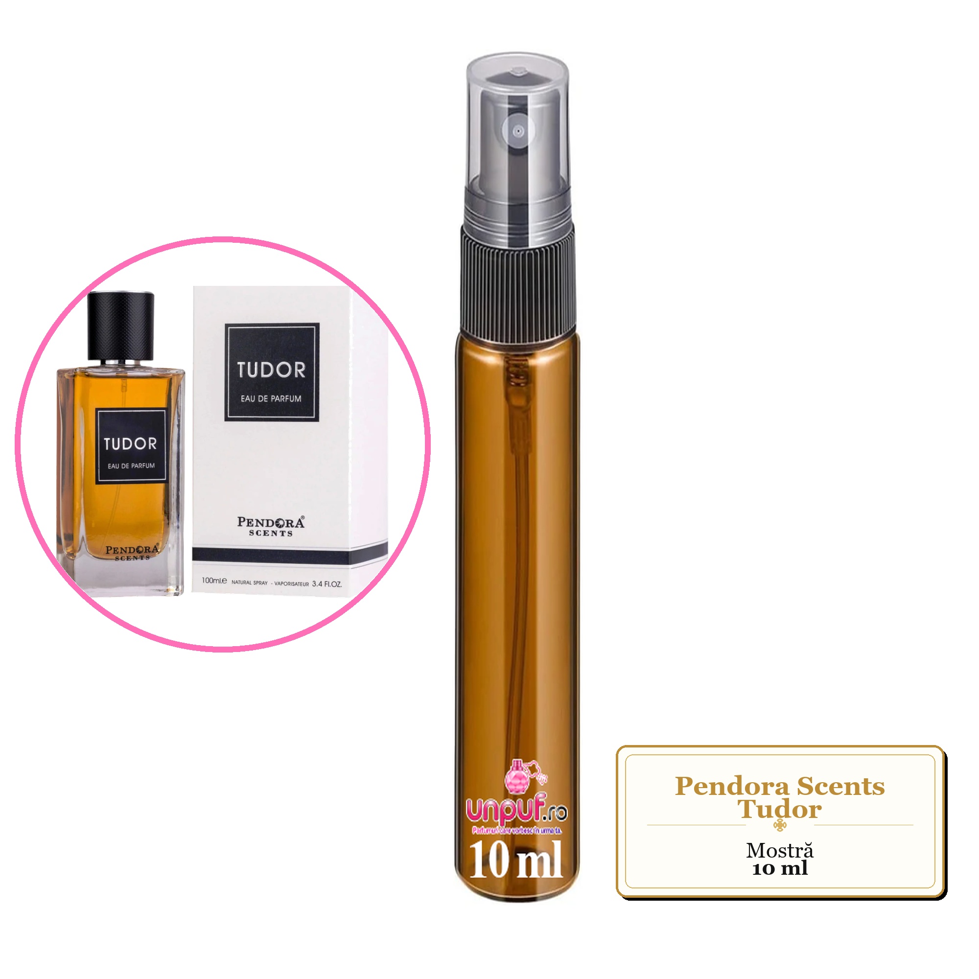 Mostra fiola din Parfumul Pendora Scents Tudor, decant sticla cu pulverizator 
