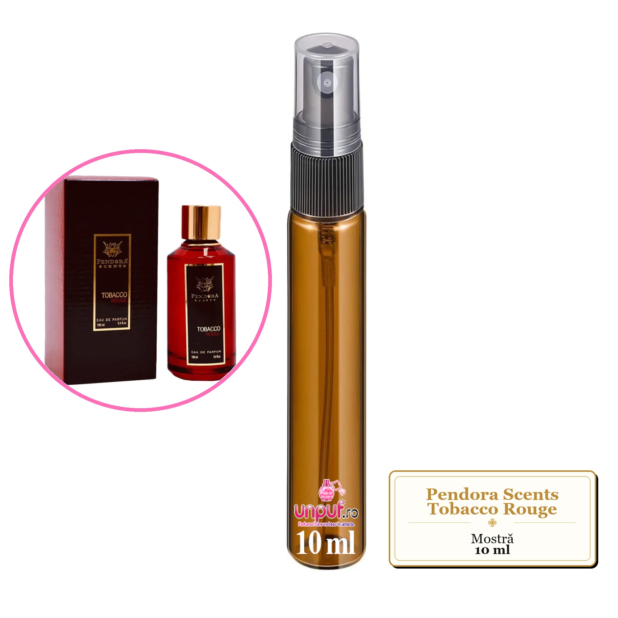 Mostra fiola din Parfumul Pendora Scents Tobacco Rouge, decant sticla cu pulverizator