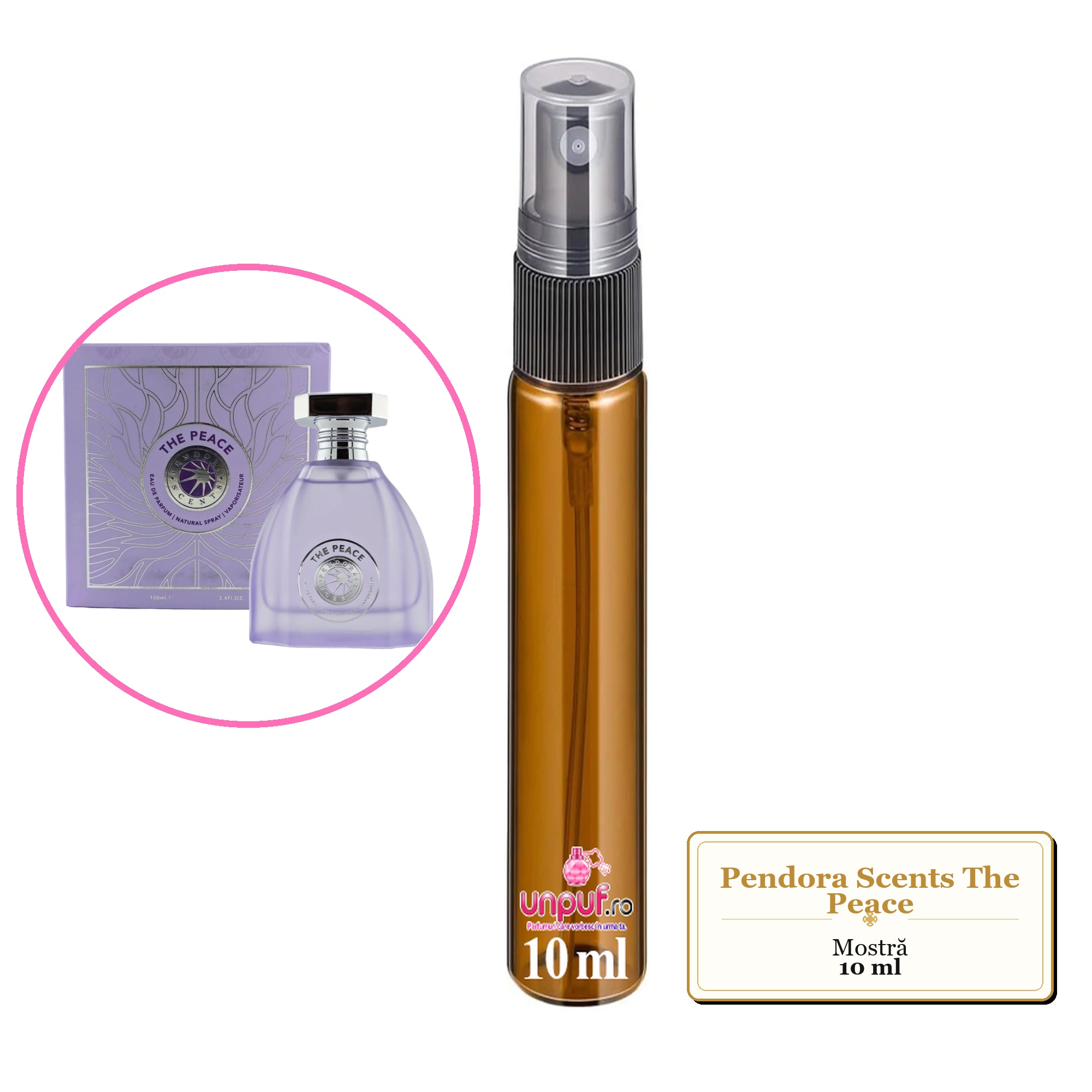 Mostra fiola din Parfumul Pendora Scents The Peace, decant sticla cu pulverizator 