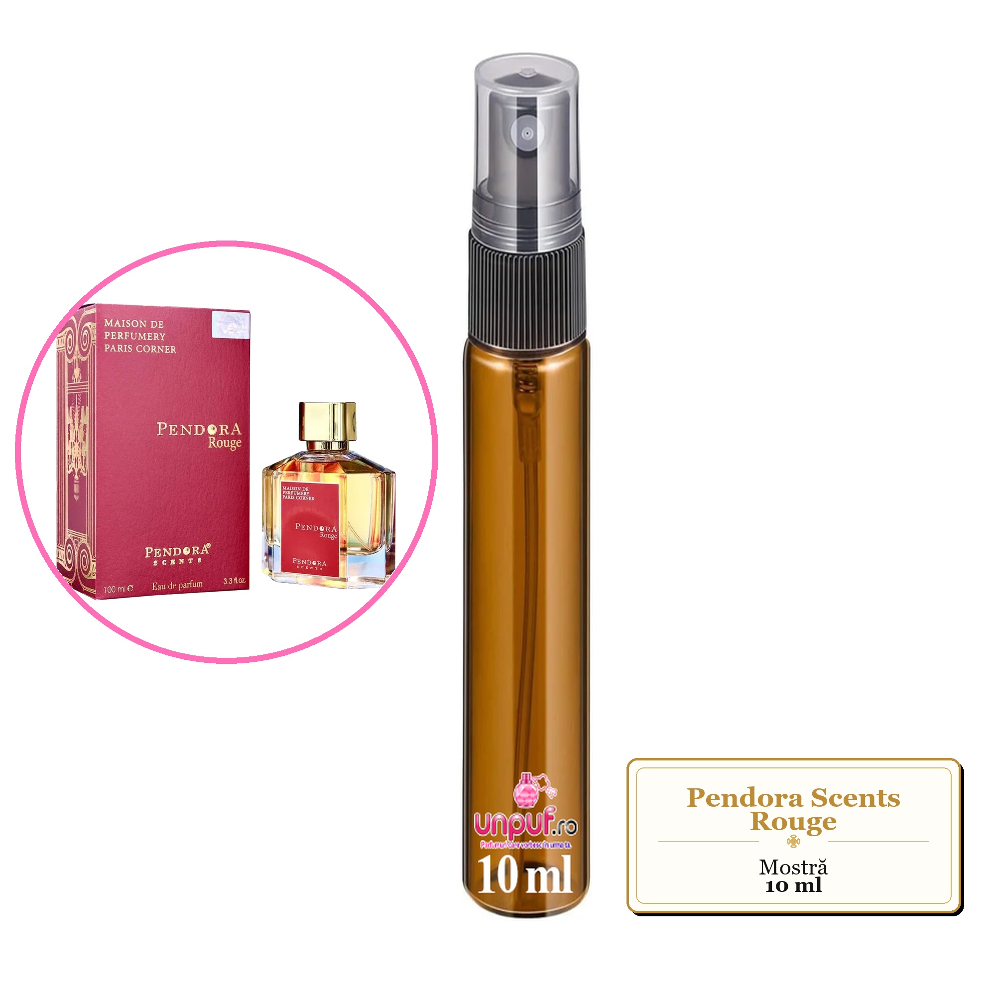 Mostra fiola din Parfumul Pendora Scents Rouge, decant sticla cu pulverizator 