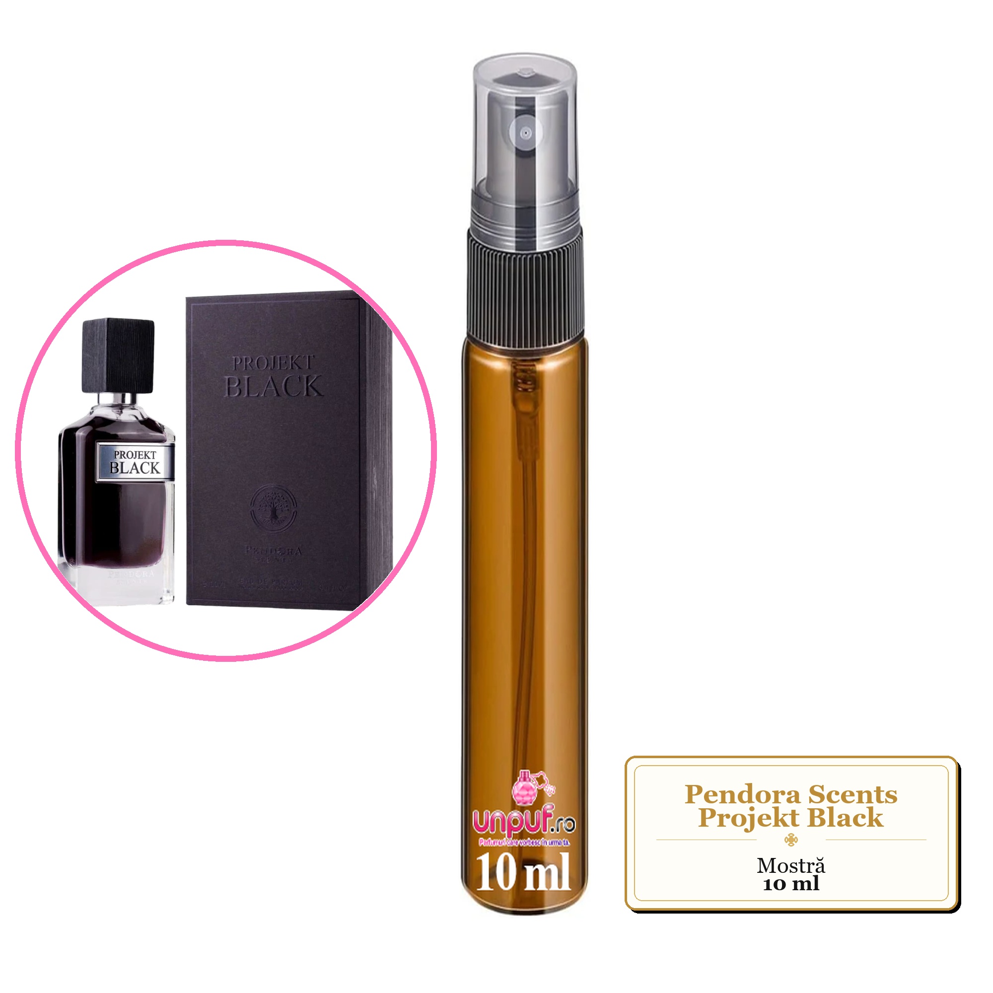 Mostra fiola din Parfumul Pendora Scents Projekt Black, decant sticla cu pulverizator 