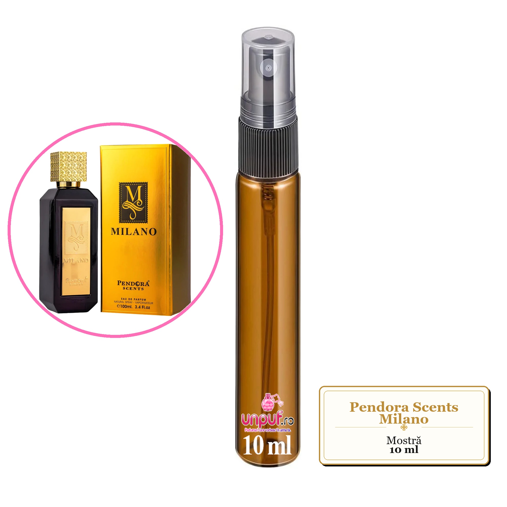 Mostra fiola din Parfumul Pendora Scents Milano, decant sticla cu pulverizator 