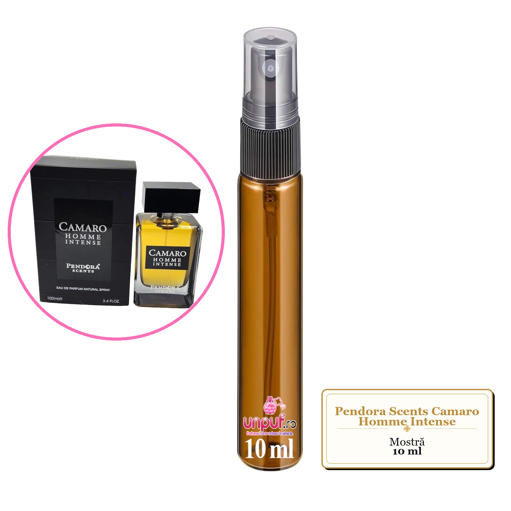 Mostra fiola din Parfumul Pendora Scents Camaro Homme Intense, decant sticla cu pulverizator 