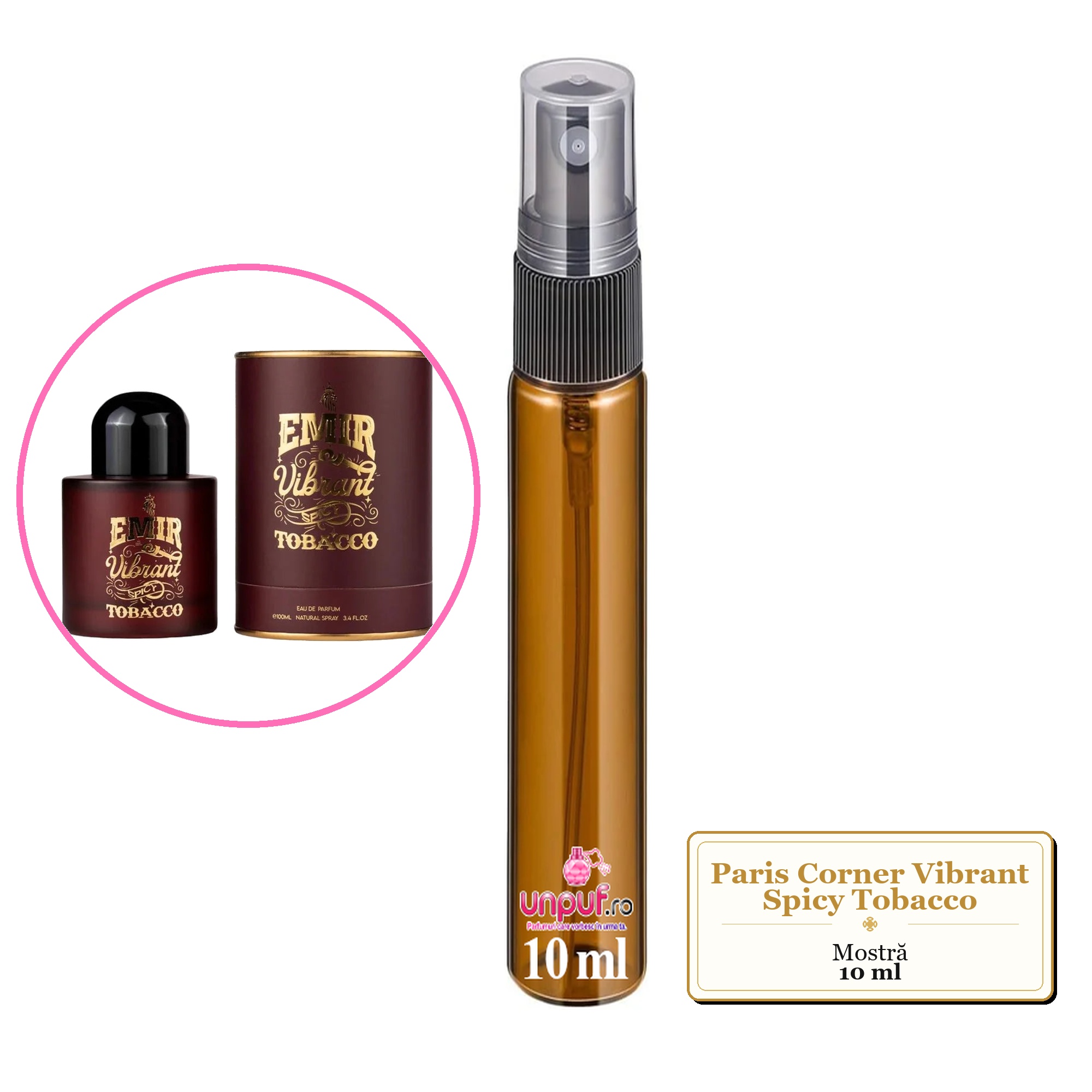 Mostra fiola din Parfumul Paris Corner Vibrant Spicy Tobacco, decant sticla cu pulverizator 