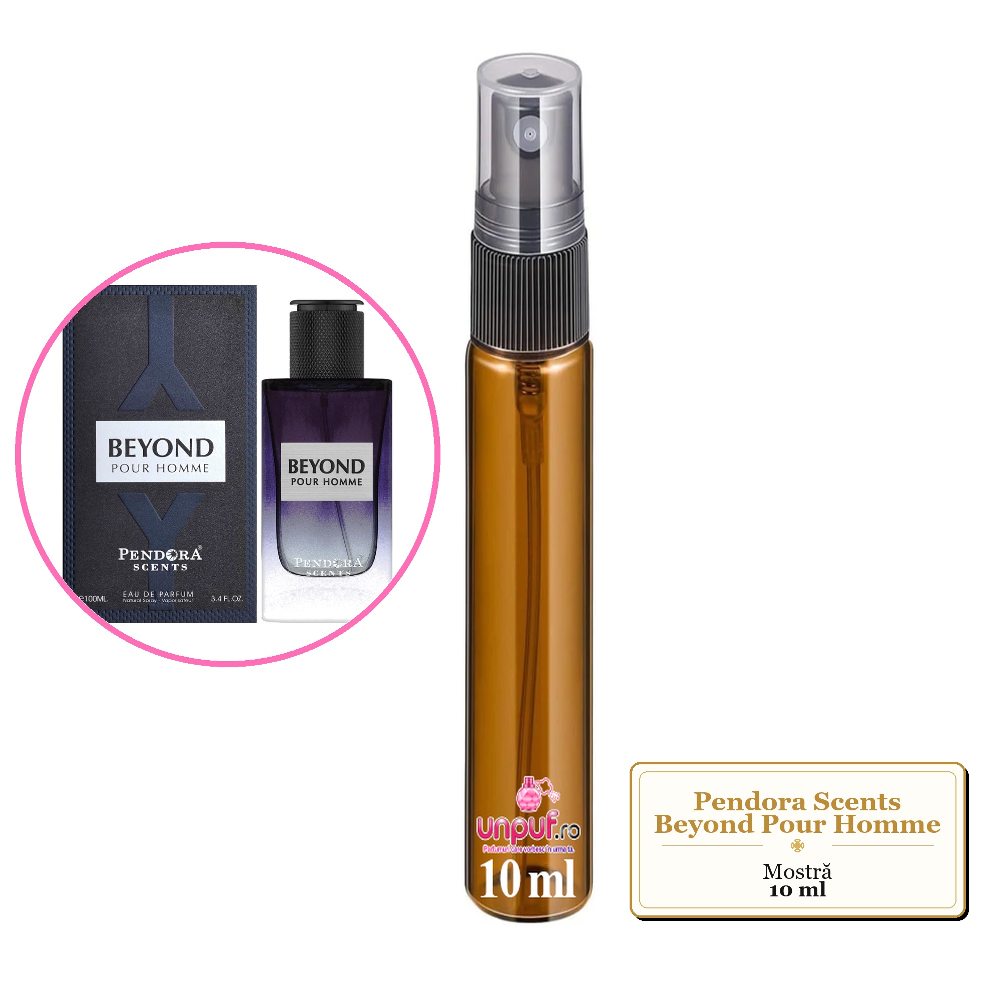 Mostra fiola din Parfumul Pendora Scents Beyond Pour Homme, decant sticla cu pulverizator 
