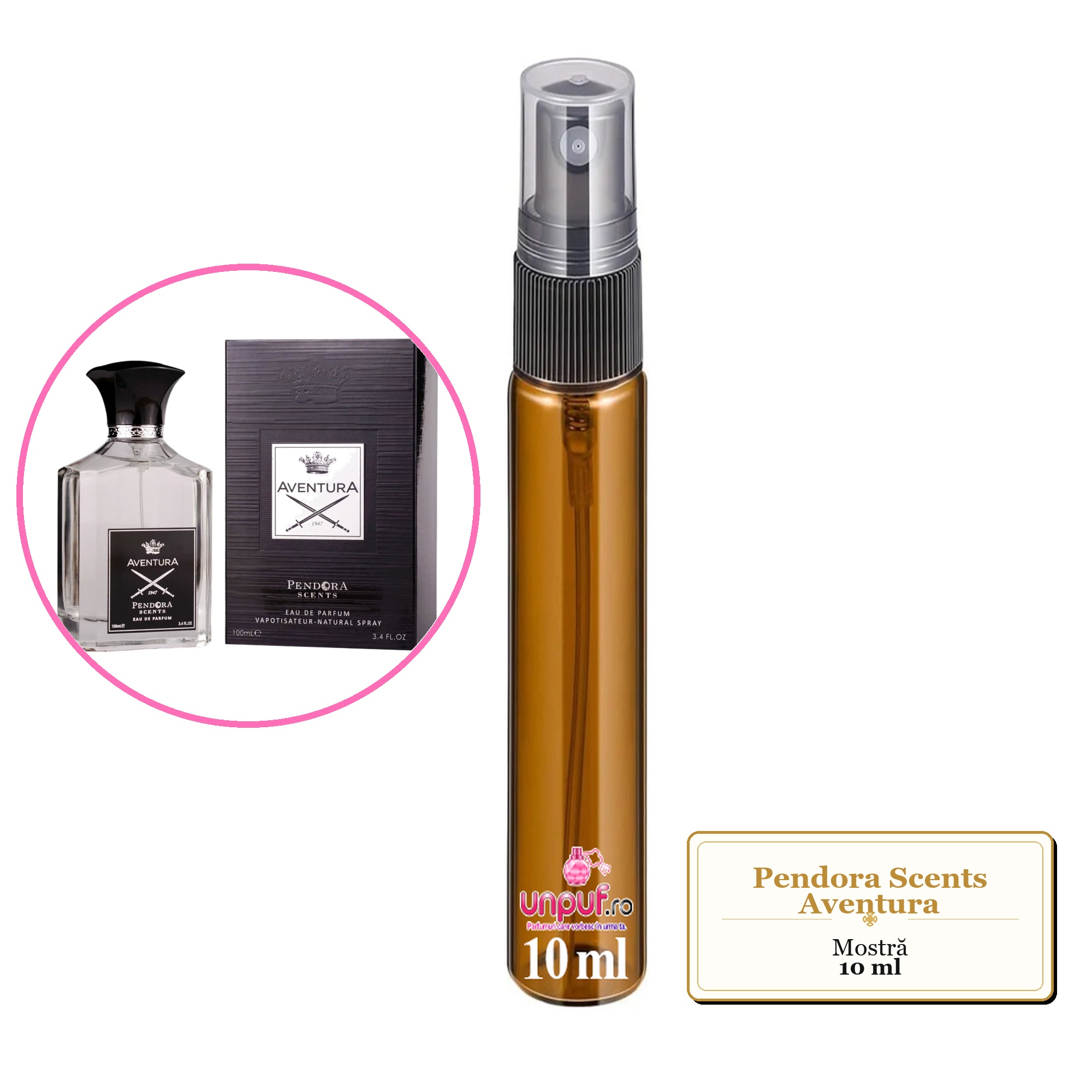 Mostra fiola din Parfumul Pendora Scents Aventura, decant sticla cu pulverizator 