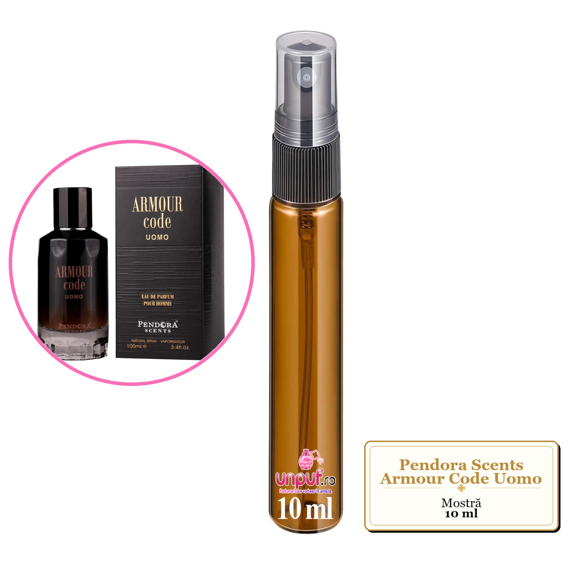 Mostra fiola din Parfumul Pendora Scents Armour Code Uomo, decant sticla cu pulverizator 