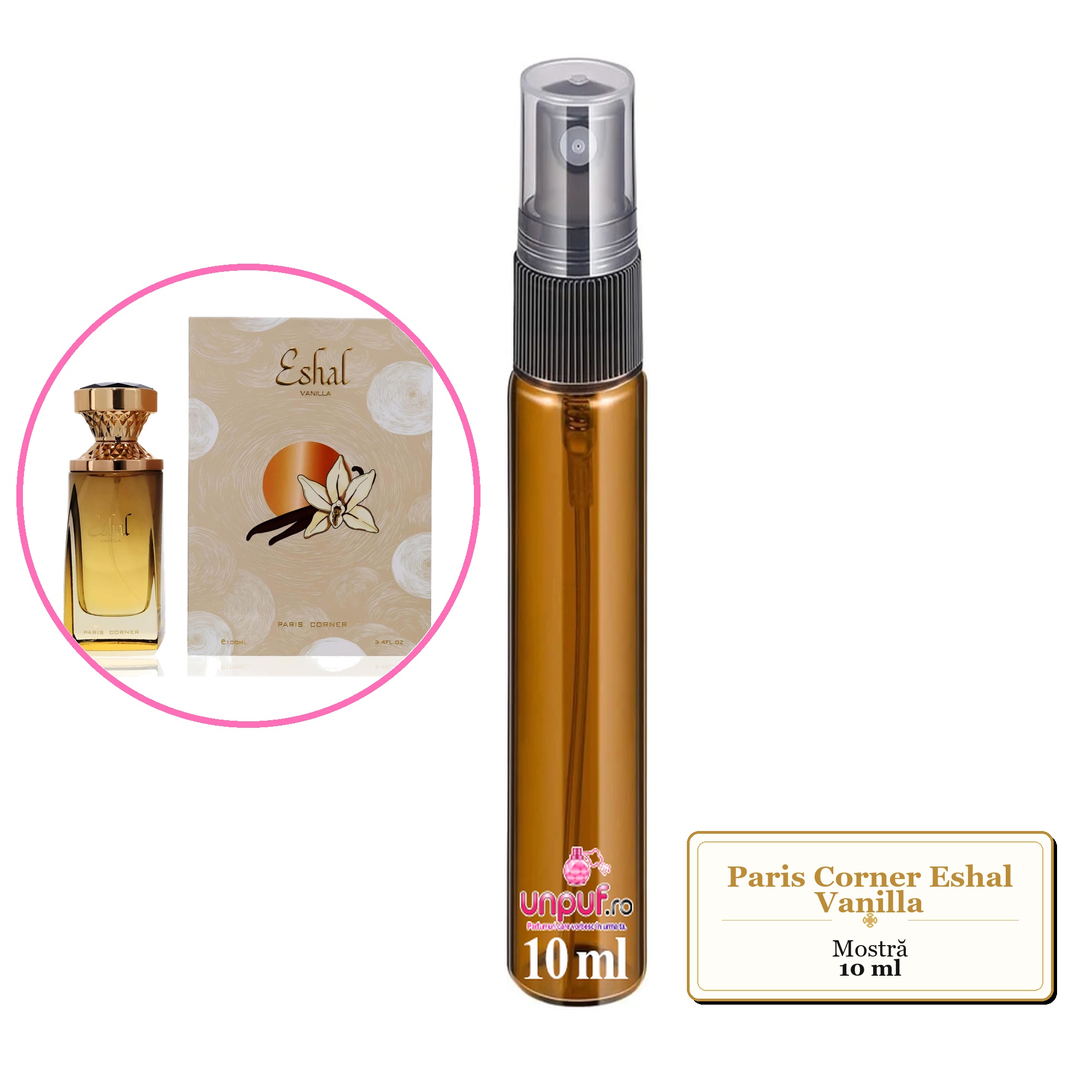 Mostra fiola din Parfumul Paris Corner Eshal Vanilla, decant sticla cu pulverizator 