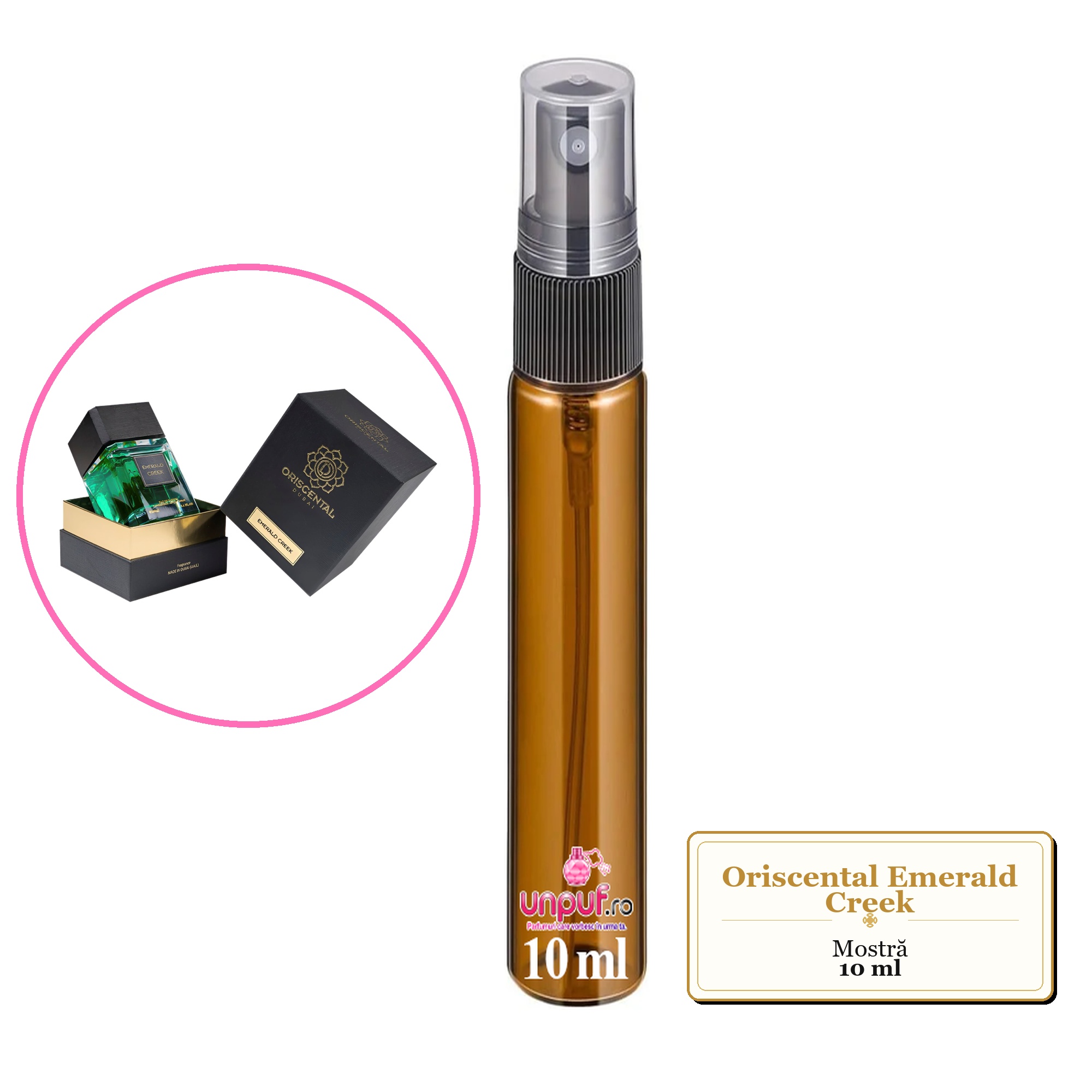 Mostra fiola din Parfumul Oriscental Emerald Creek, decant sticla cu pulverizator 