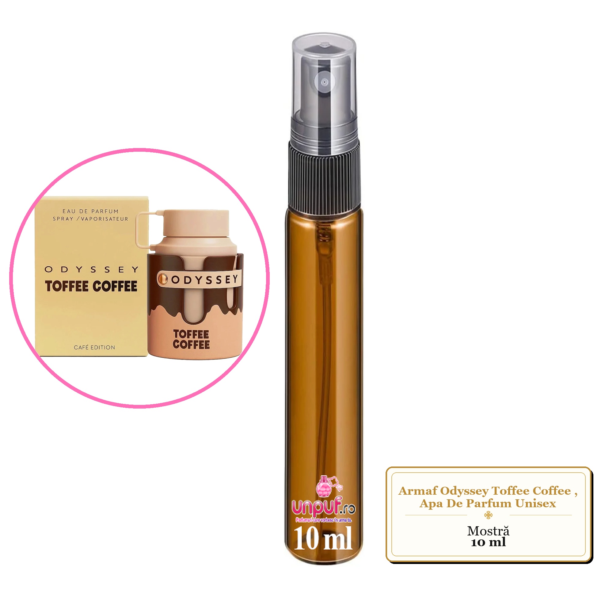 Mostra fiola din Parfumul Armaf Odyssey Toffee Coffee, Apa De Parfum Unisex, decant sticla cu pulverizator