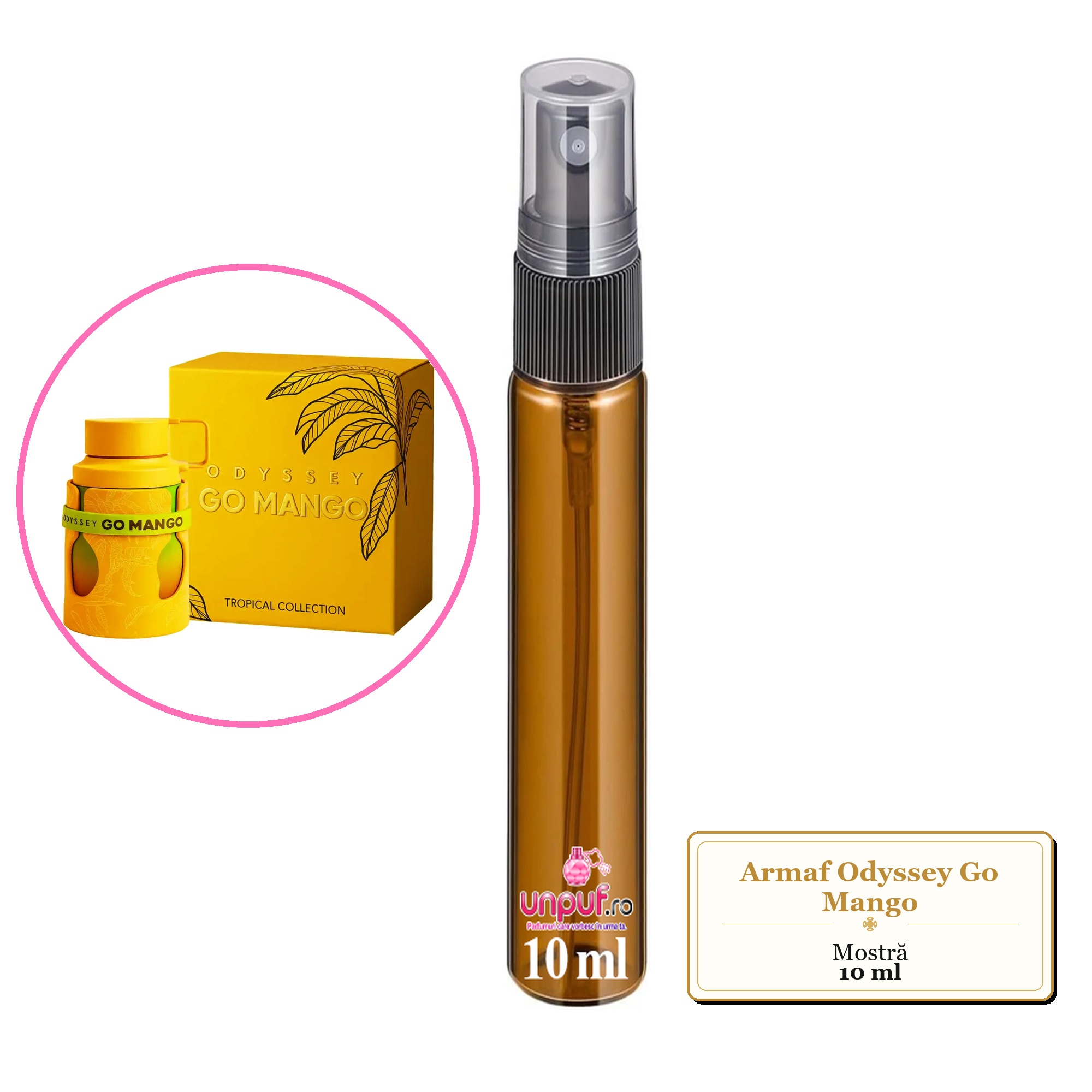 Mostra fiola din Parfumul Armaf Odyssey Go Mango, decant sticla cu pulverizator 