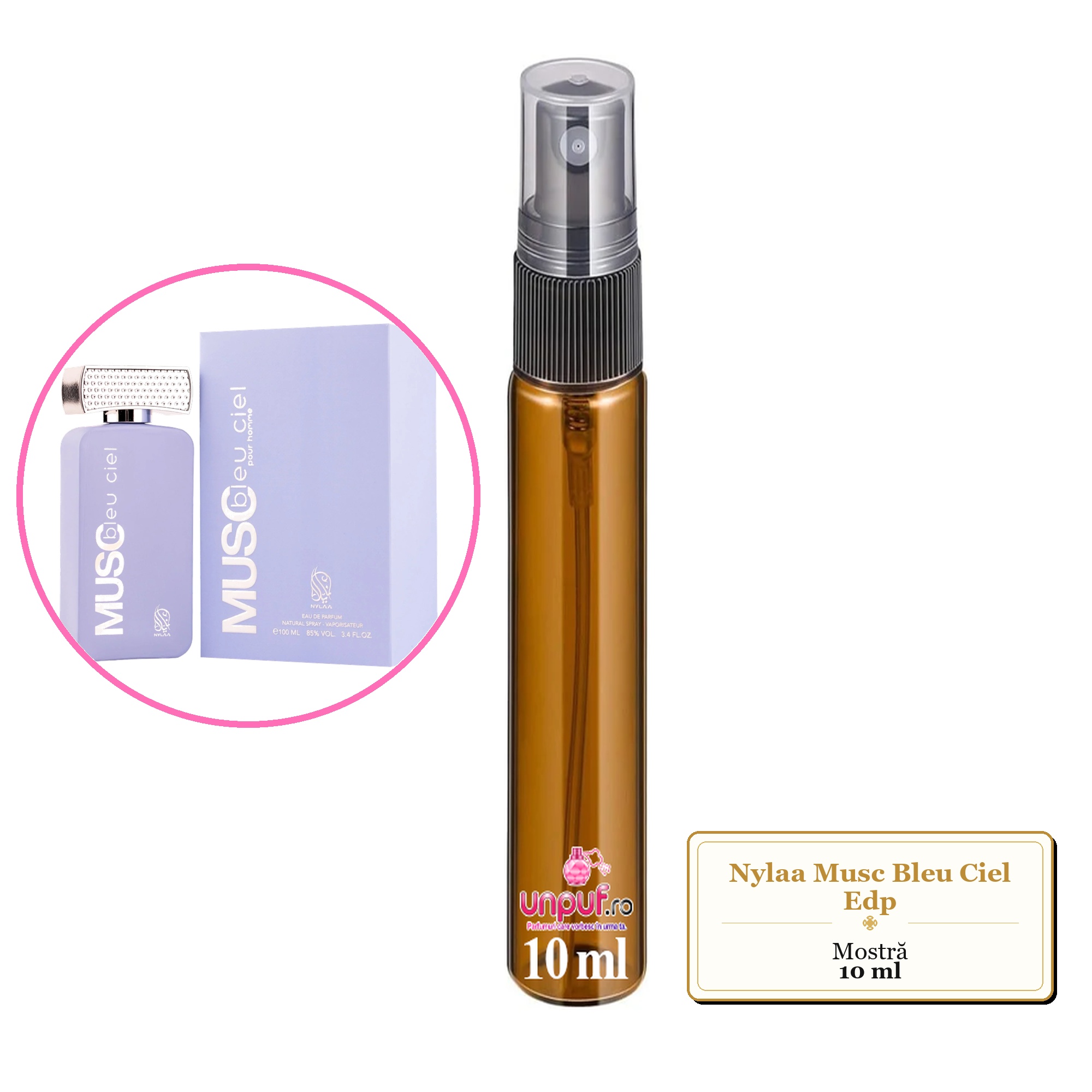 Mostra fiola din Parfumul Nylaa Musc Bleu Ciel Edp, decant sticla cu pulverizator 