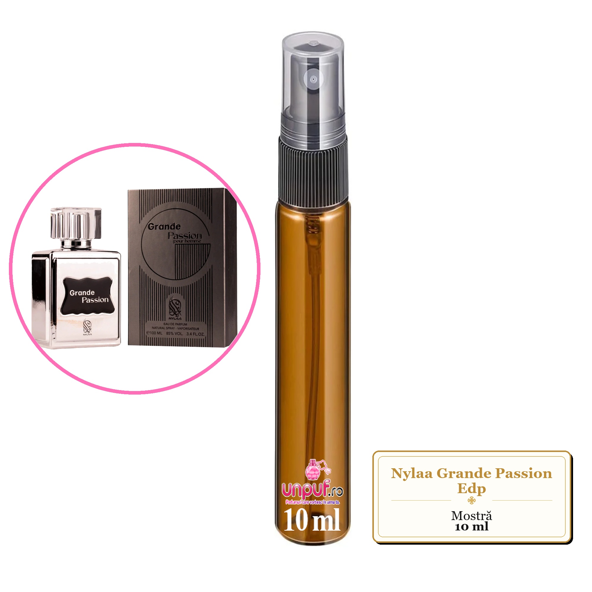 Mostra fiola din Parfumul Nylaa Grande Passion Edp, decant sticla cu pulverizator 