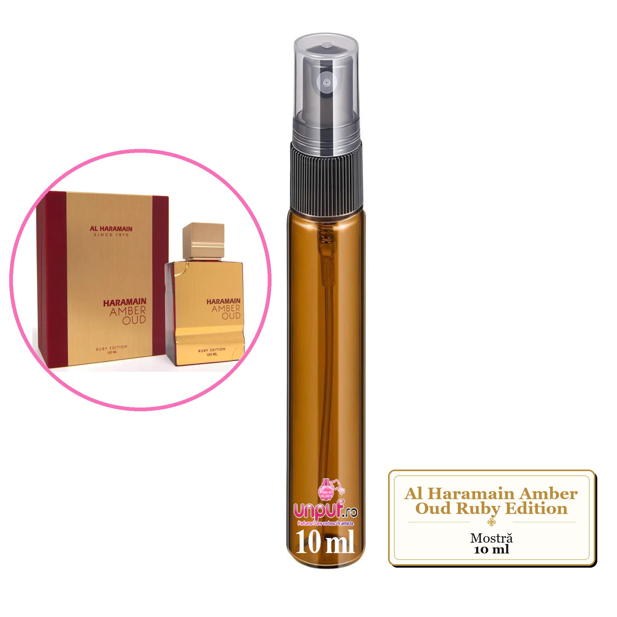 Mostra fiola din Parfumul Al Haramain Amber Oud Ruby Edition, decant sticla cu pulverizator 