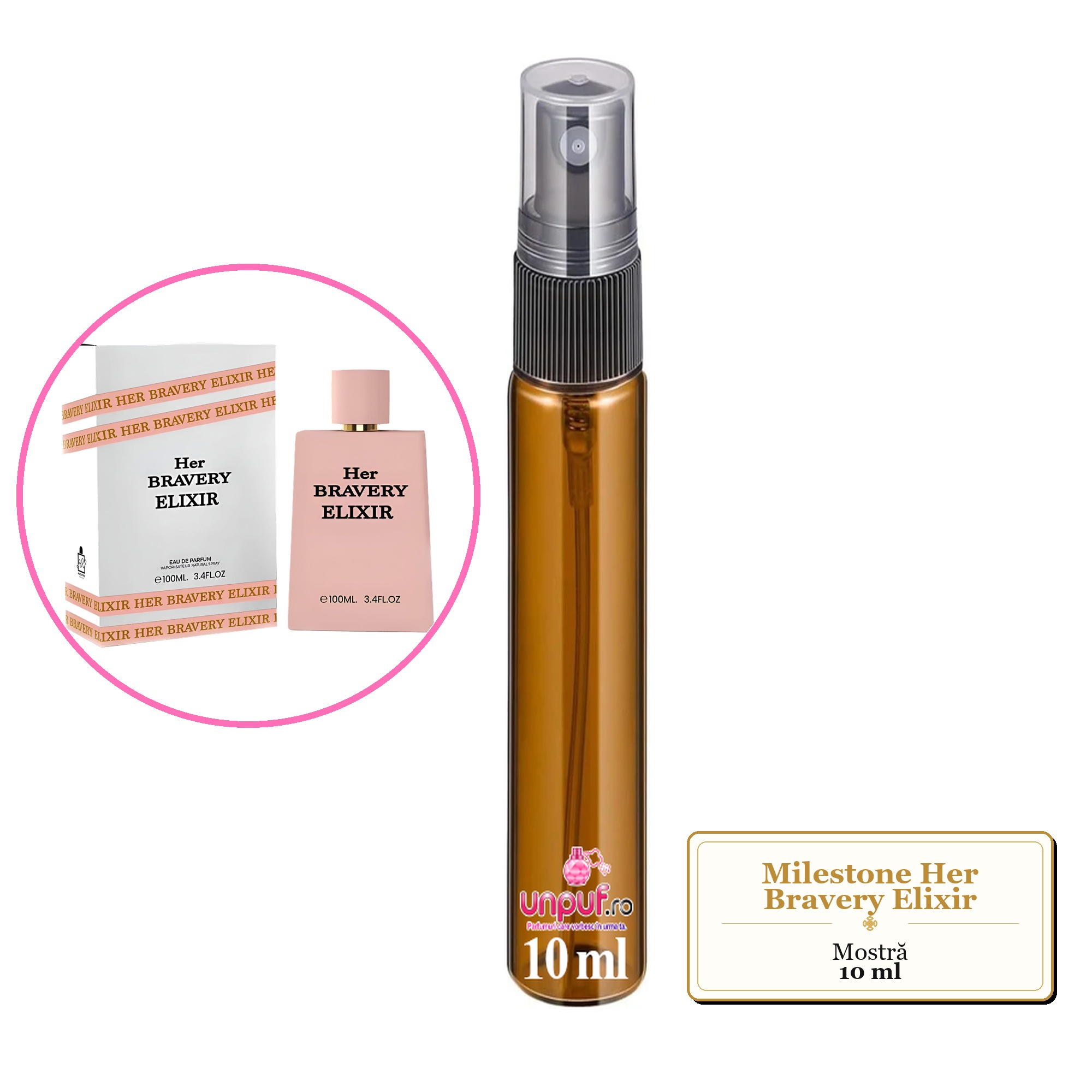 Mostra fiola din Parfumul Milestone Her Bravery Elixir, decant sticla cu pulverizator 