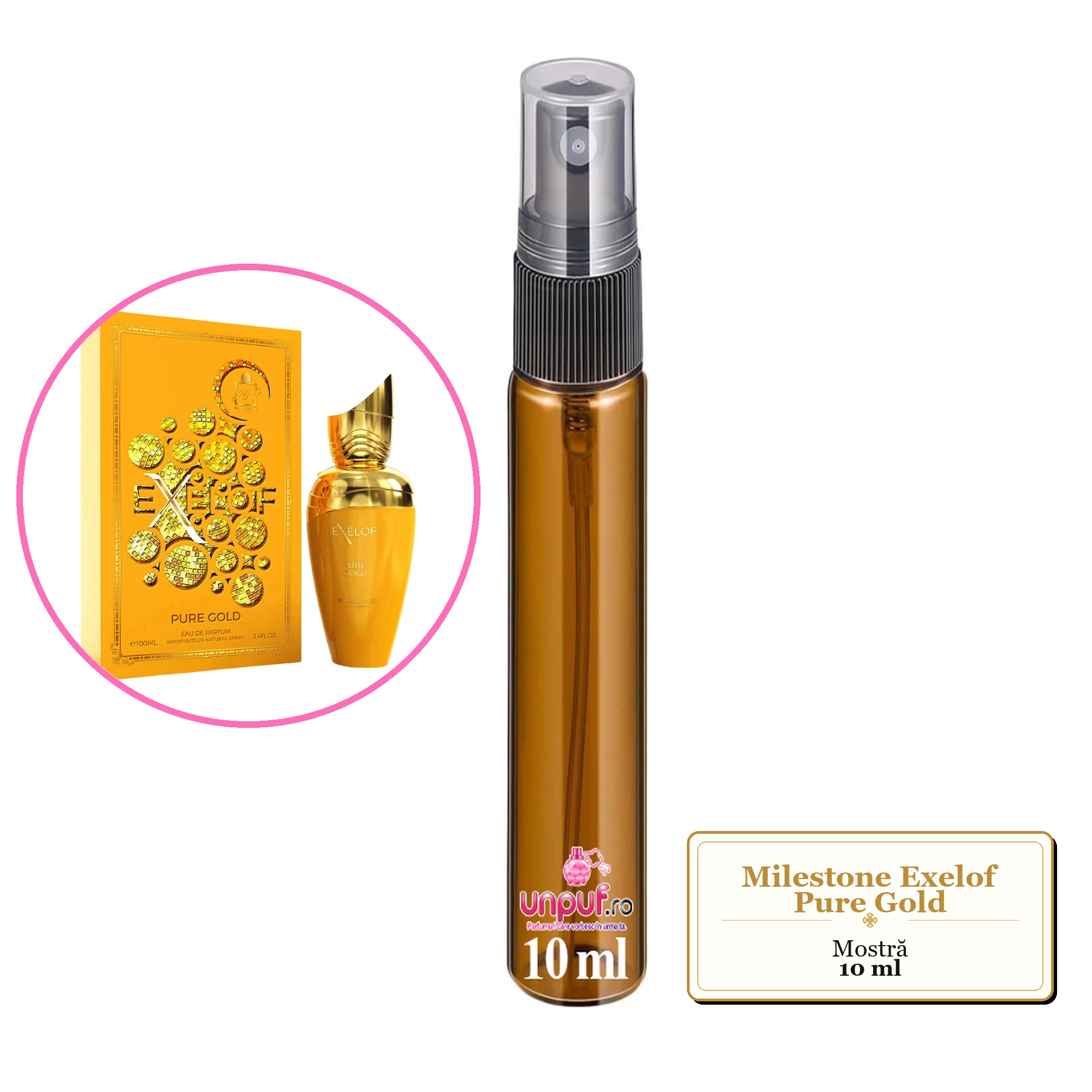 Mostra fiola din Parfumul Milestone Exelof Pure Gold, decant sticla cu pulverizator 