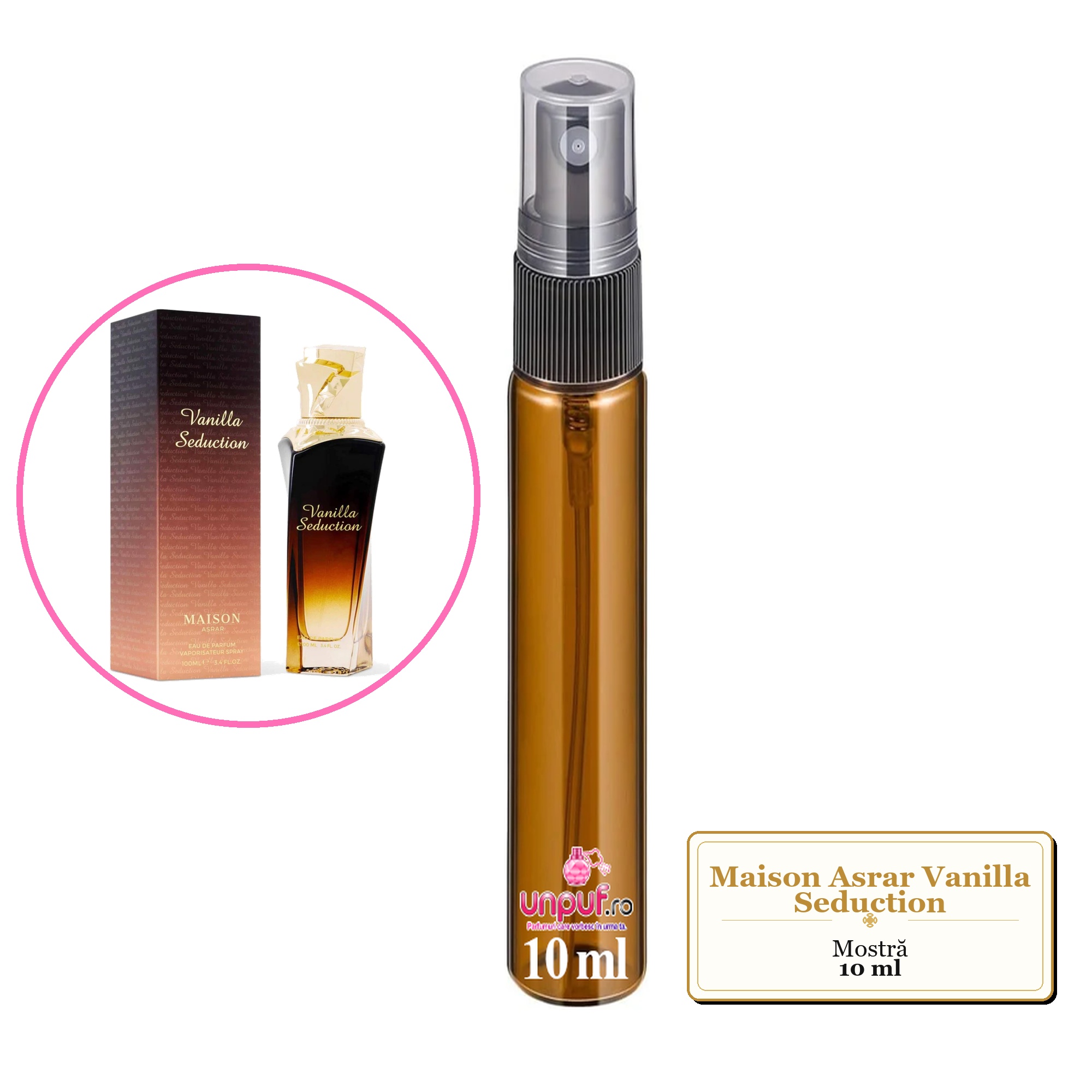 Mostra fiola din Parfumul Maison Asrar Vanilla Seduction, decant sticla cu pulverizator