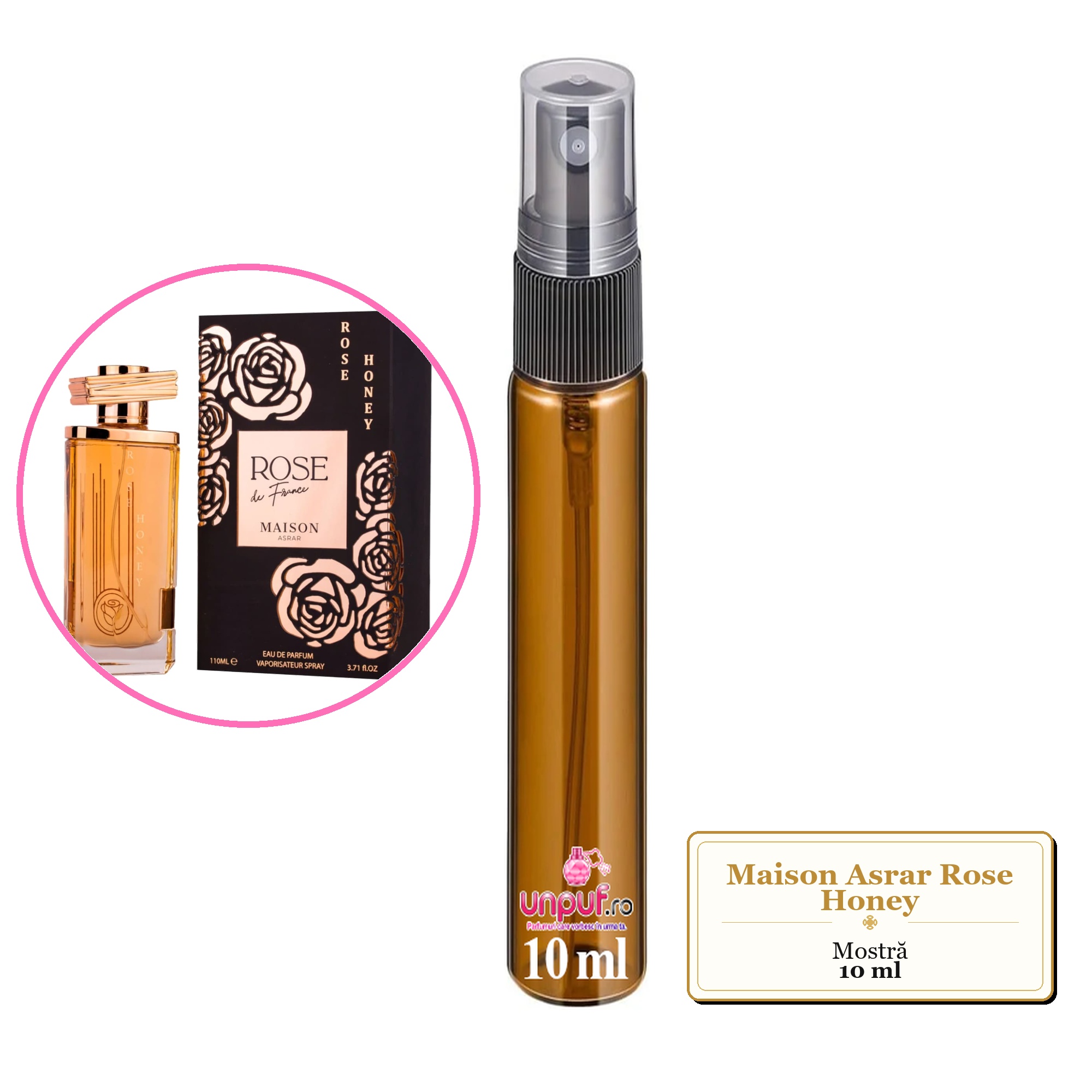Mostra fiola din Parfumul Maison Asrar Rose Honey, decant sticla cu pulverizator 