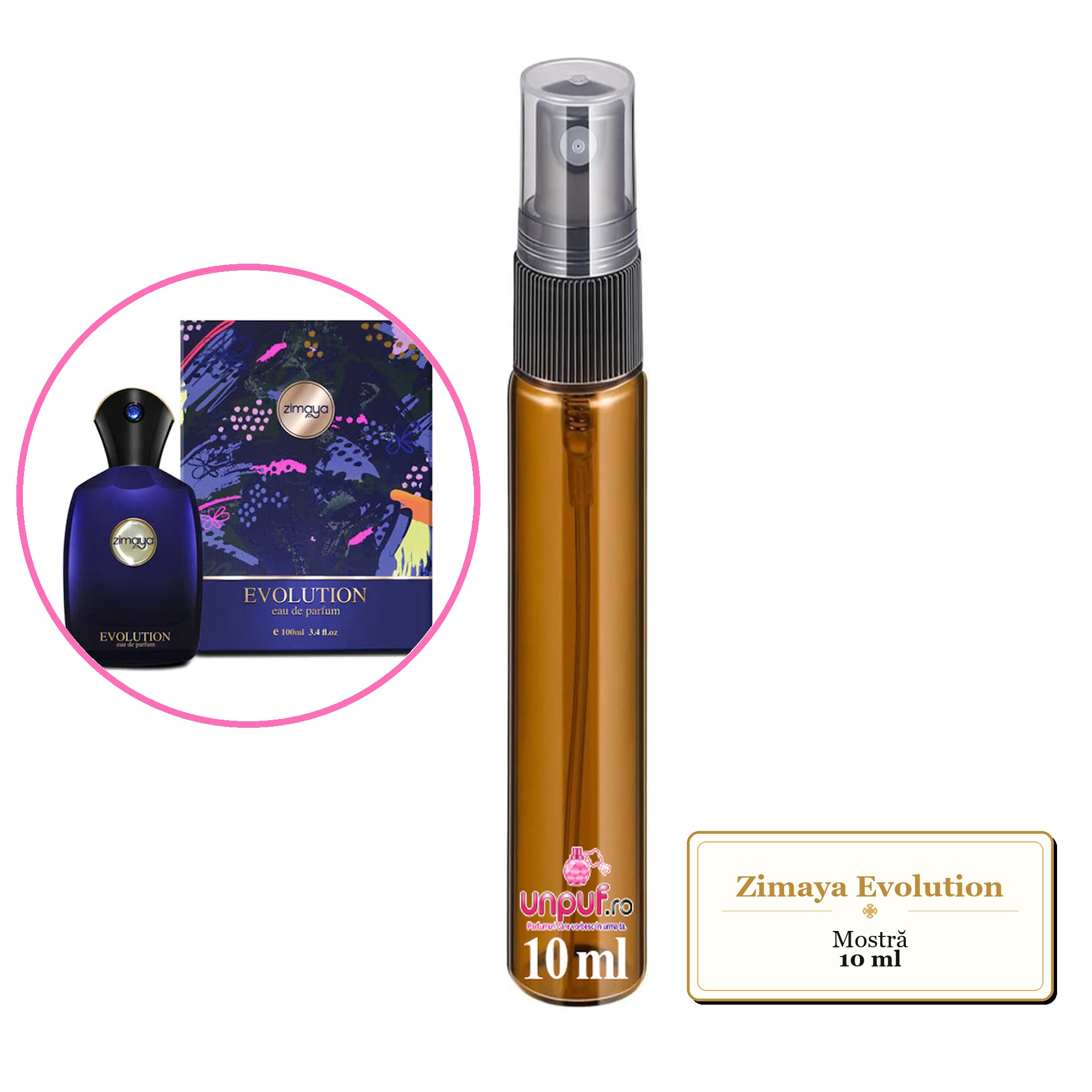 Mostra fiola din Parfumul Zimaya Evolution, decant sticla cu pulverizator 